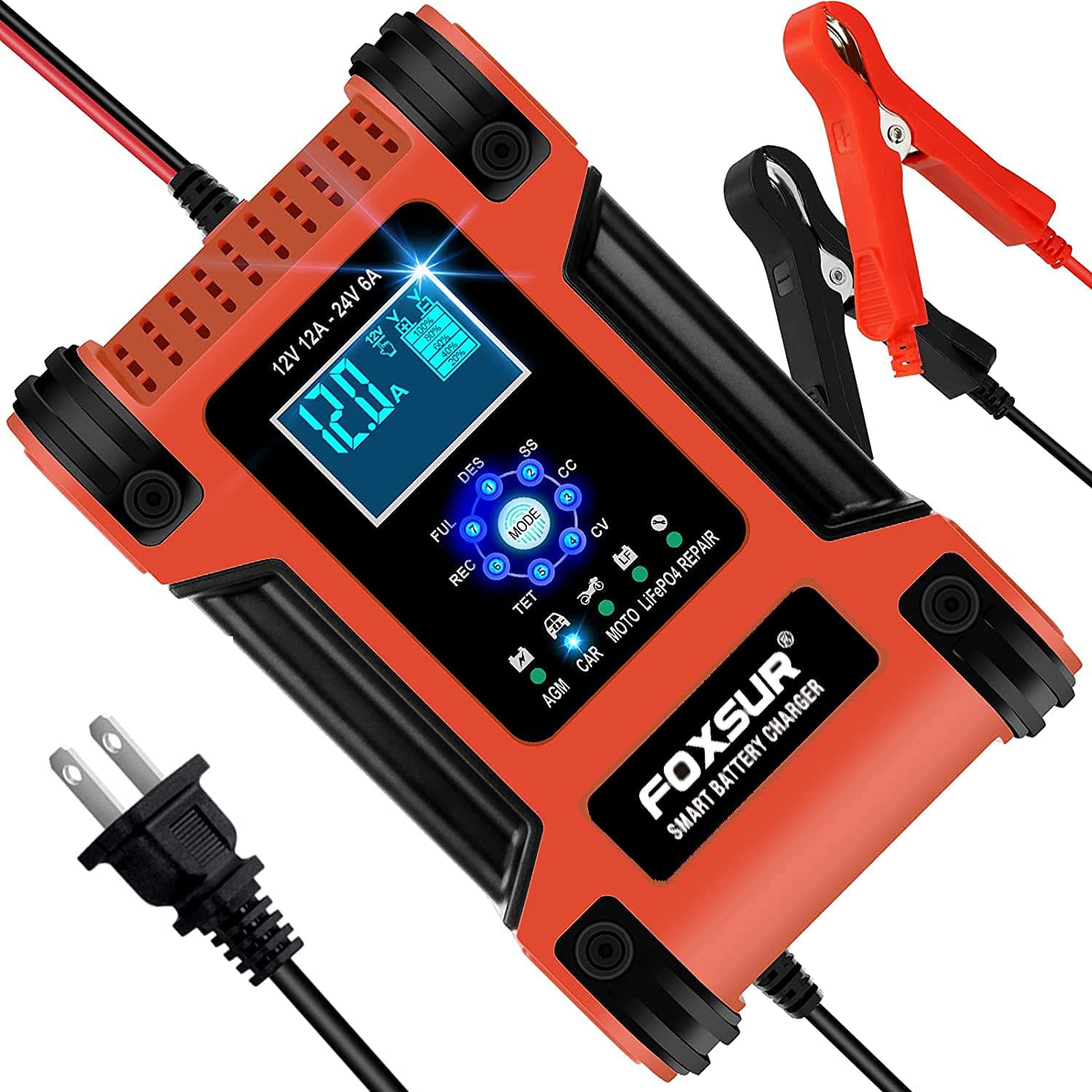 Car Battery Charger 12-Amp,Battery Charger Maintainer Trickle Charger , for Car, LiFePO4 Motorcycle GelLead-AcidAGM BatteriesMarine etcintelligentQuick Charger, red