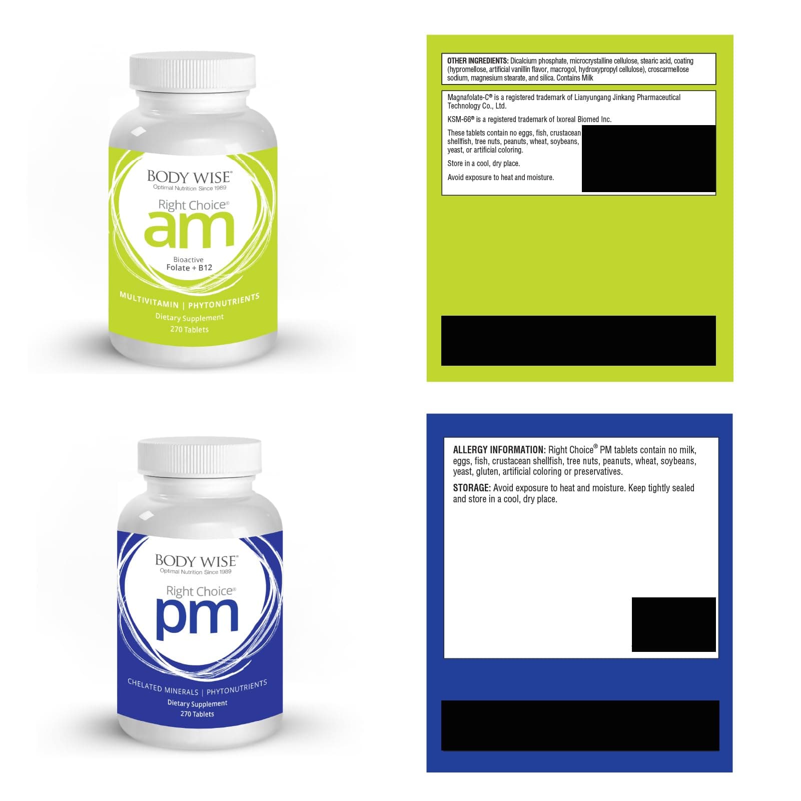 Bodywise Multi-Vitamin/Mineral Daily Nutrition Supplement – Right Choice AM Supports Energy and Alertness. Right Choice PM Formula Supports Relaxation and Recovery. – 540 Tablets - 90 Day Serving