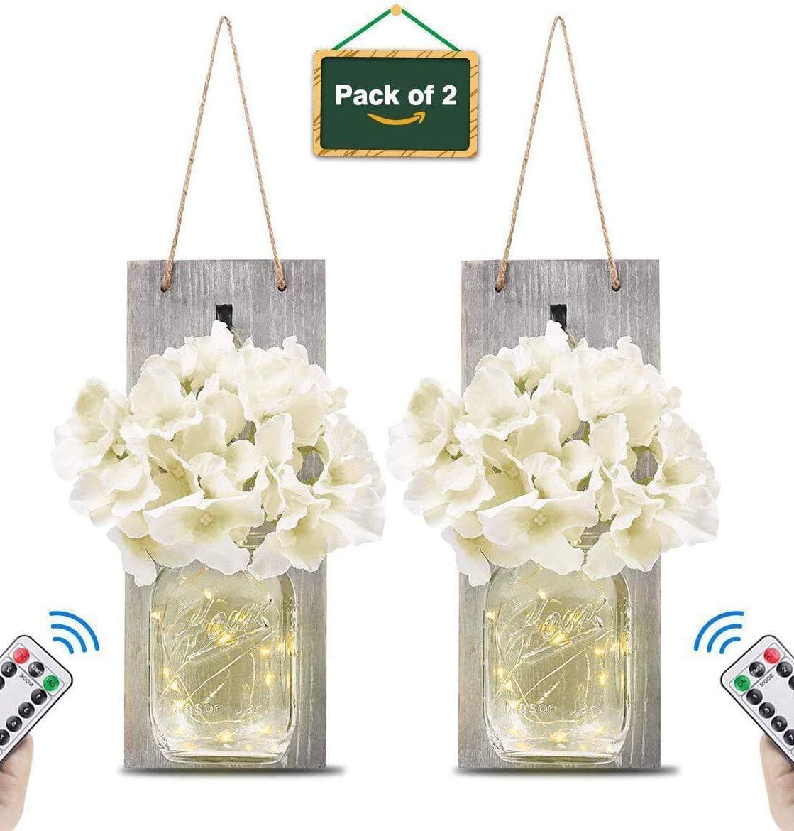 Mason Jar Wall Sconces, Fairy Lights Vintage Wrought Iron Hook Silk Hydrangea Flower with Remote Control LED Strip Lights for Rustic Home Kitchen Decoration (Set of 2)