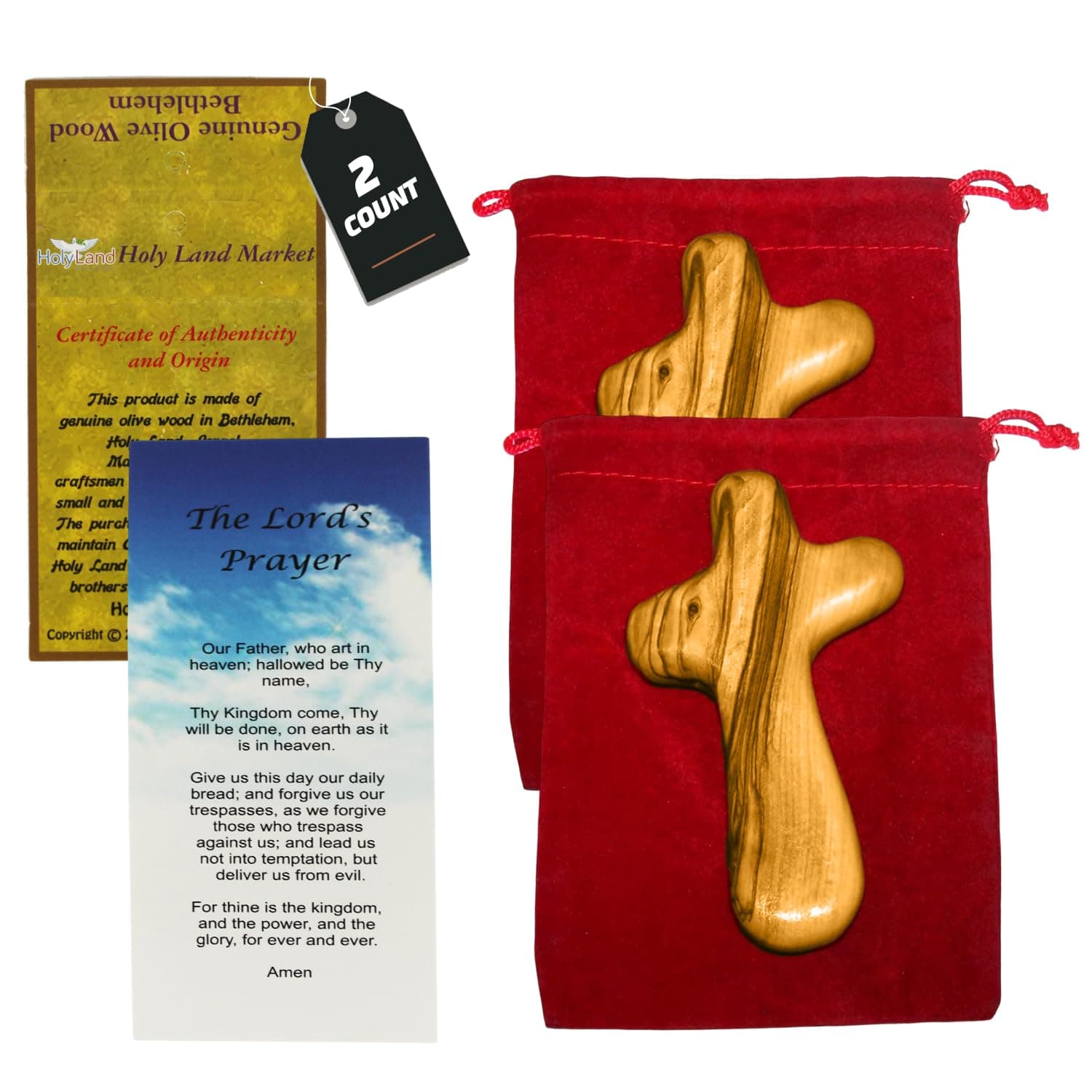 Holy Land Market Inspirational 2 Hand Made Olive Wood Pocket Crosses from Bethlehem - Comfort and Prayer Crosses - Hand Held Wooden Crosses - 2 Sets with Certificates, Prayer Cards and Velvet Bags