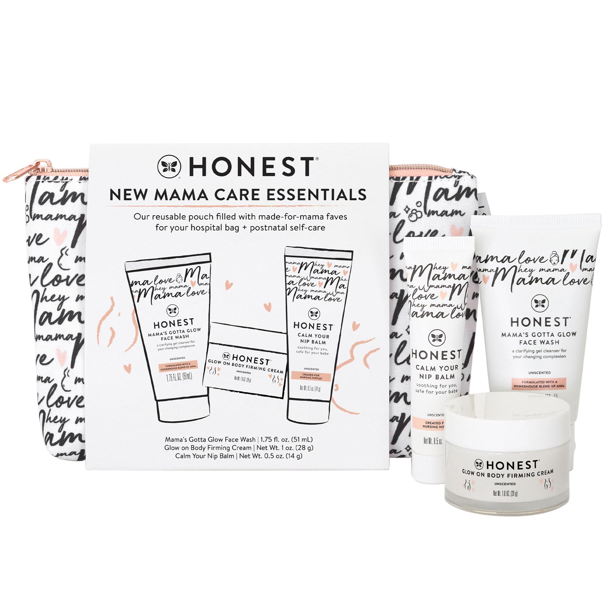 New Mama Care Essentials Gift Set - Nip Balm 0.5 oz, Glow On Body Cream 1 oz, Gotta Glow Face Wash 1.75 fl oz