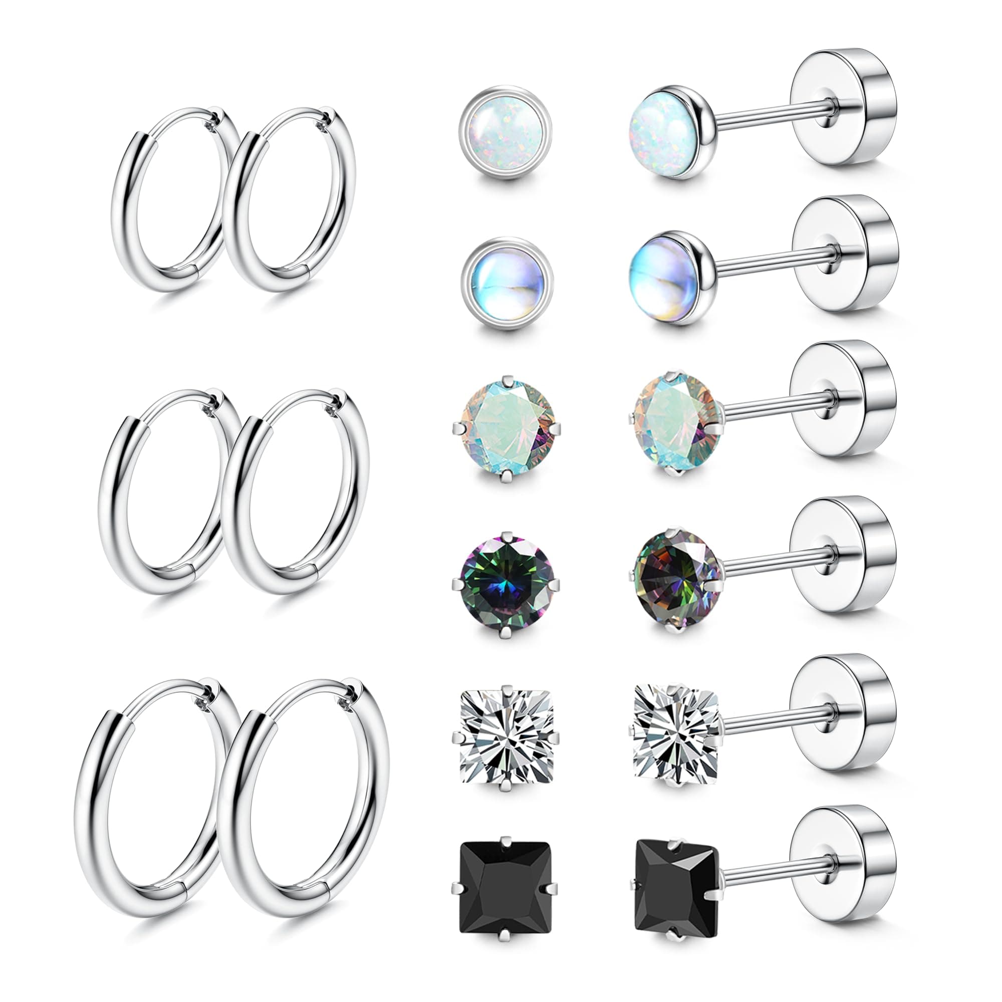Titanium Earrings for Men Women Titanium Steel Stud Earrings for Sensitive Ears Opal Cubic Zirconia Hypoallergenic Surgical Steel Cartilage Earrings Hoop 20G Flat Back Stud Earrings