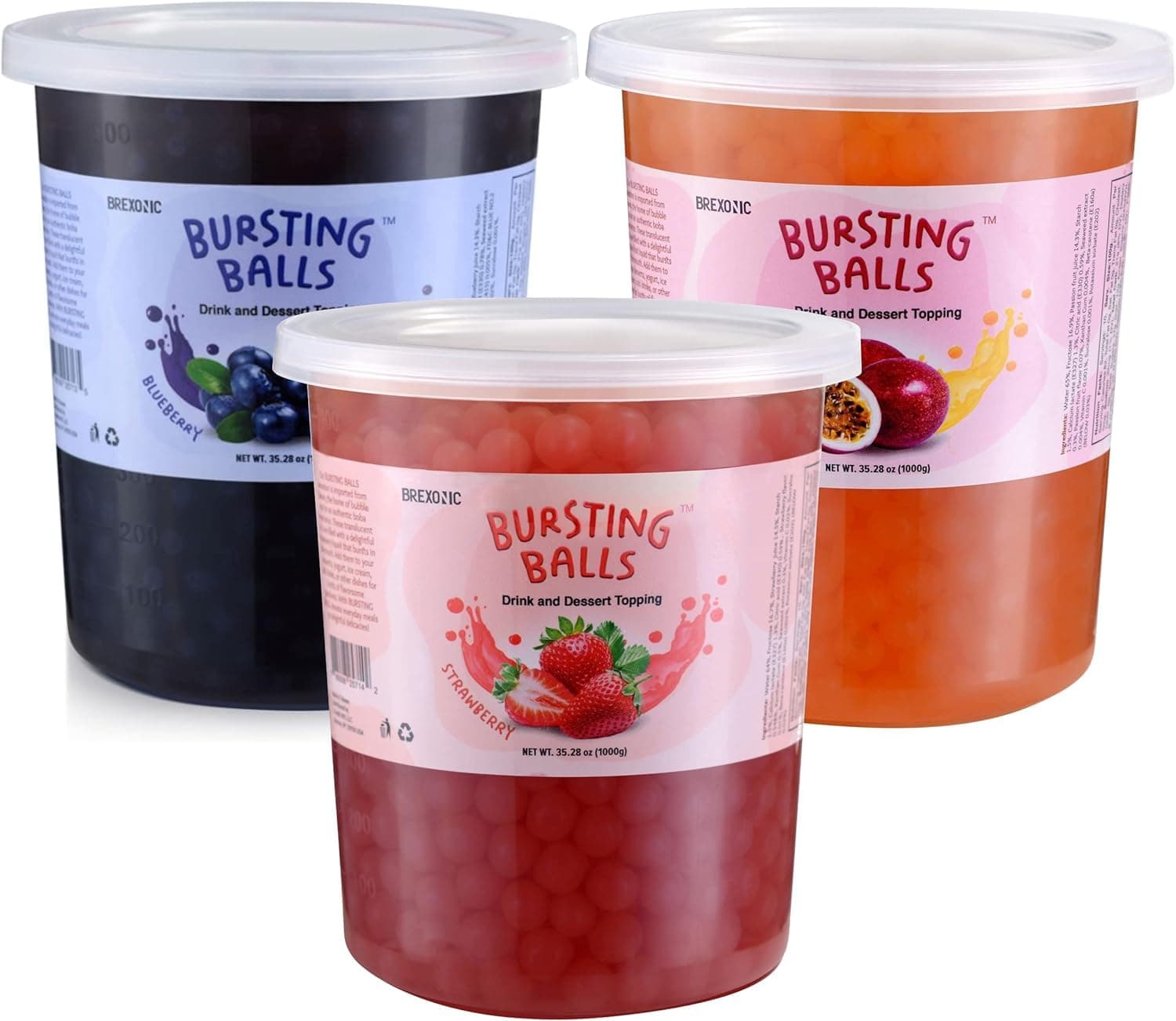 BREXONIC Popping Boba Pearls Bursting Tea Balls Drink & Dessert Topping Strawberry Mango Blueberry Passion Fruit Flavored Bubble Tea Tapioca Pearls (Strawberry, Passion Fruit, Blueberry, 2 LB 3 Pack)