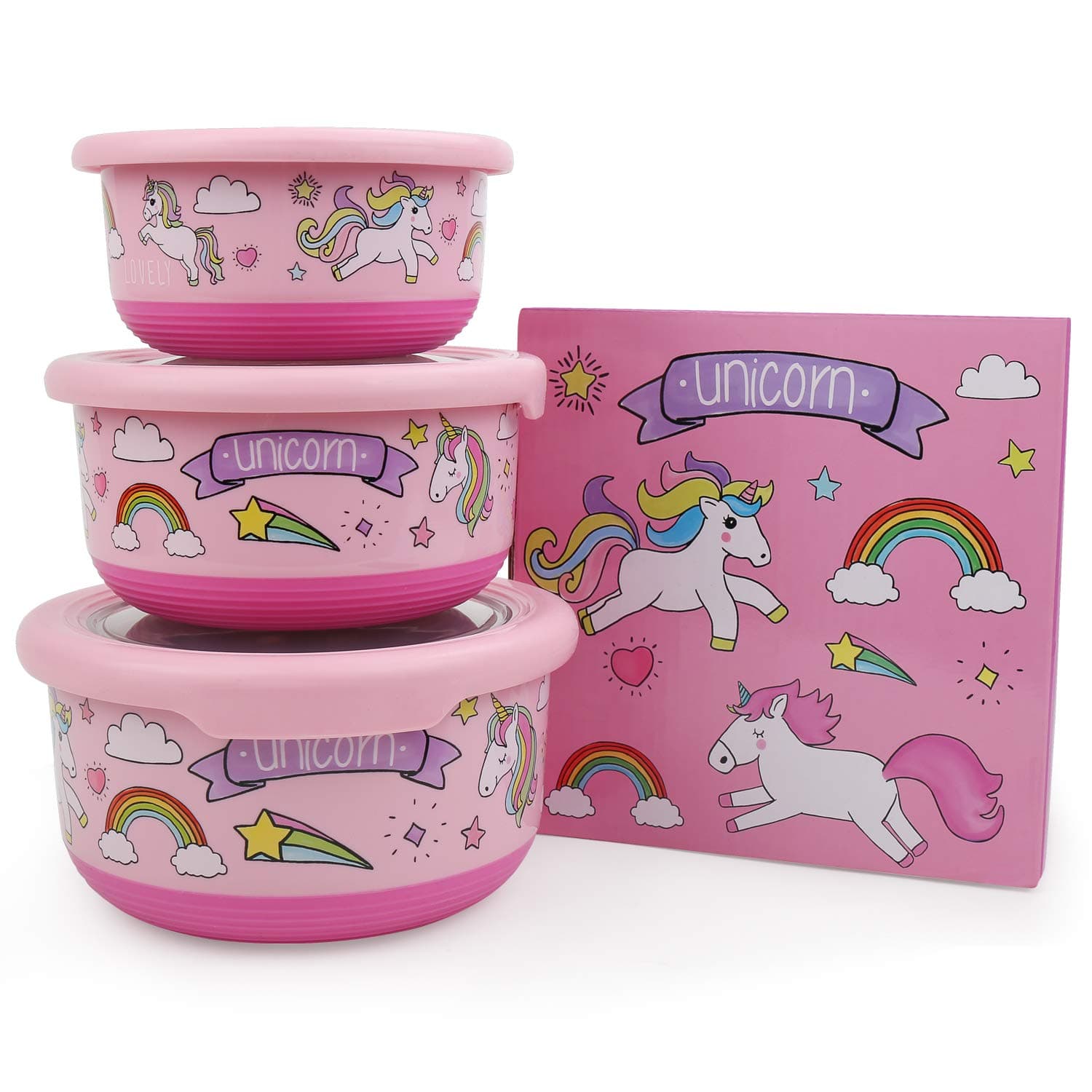 IAMGlobal Unicorn Stainless Steel Bento Box, Lunch Box, Leakproof Food Containers, Kids School Lunch Containers, Girls Food Storage, Set of 3, 420ml, 730ml,1.2L (Pink)