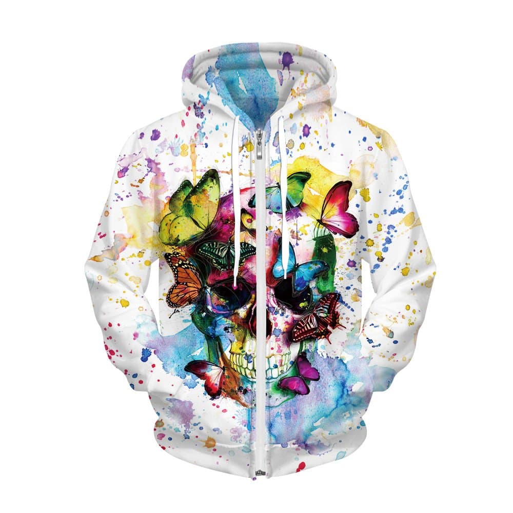 HIDRRU Zipper Hooded Sweater Halloween Skull Watercolor Digital Printing Zip Hooded Sweater Men and Women, M