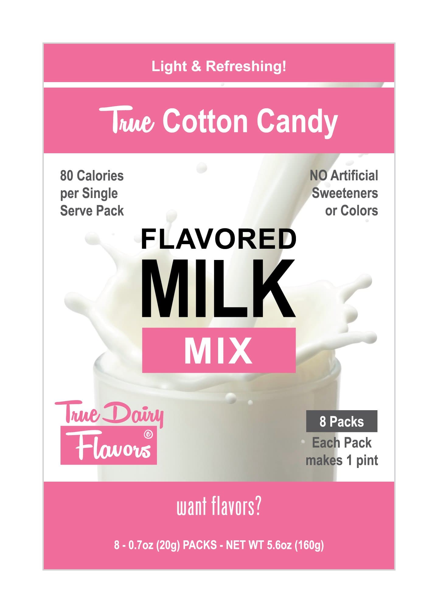 True Dairy Flavors Cotton Candy Flavored Milk Mix, 8 Pack of 20 g Single Serve Sticks