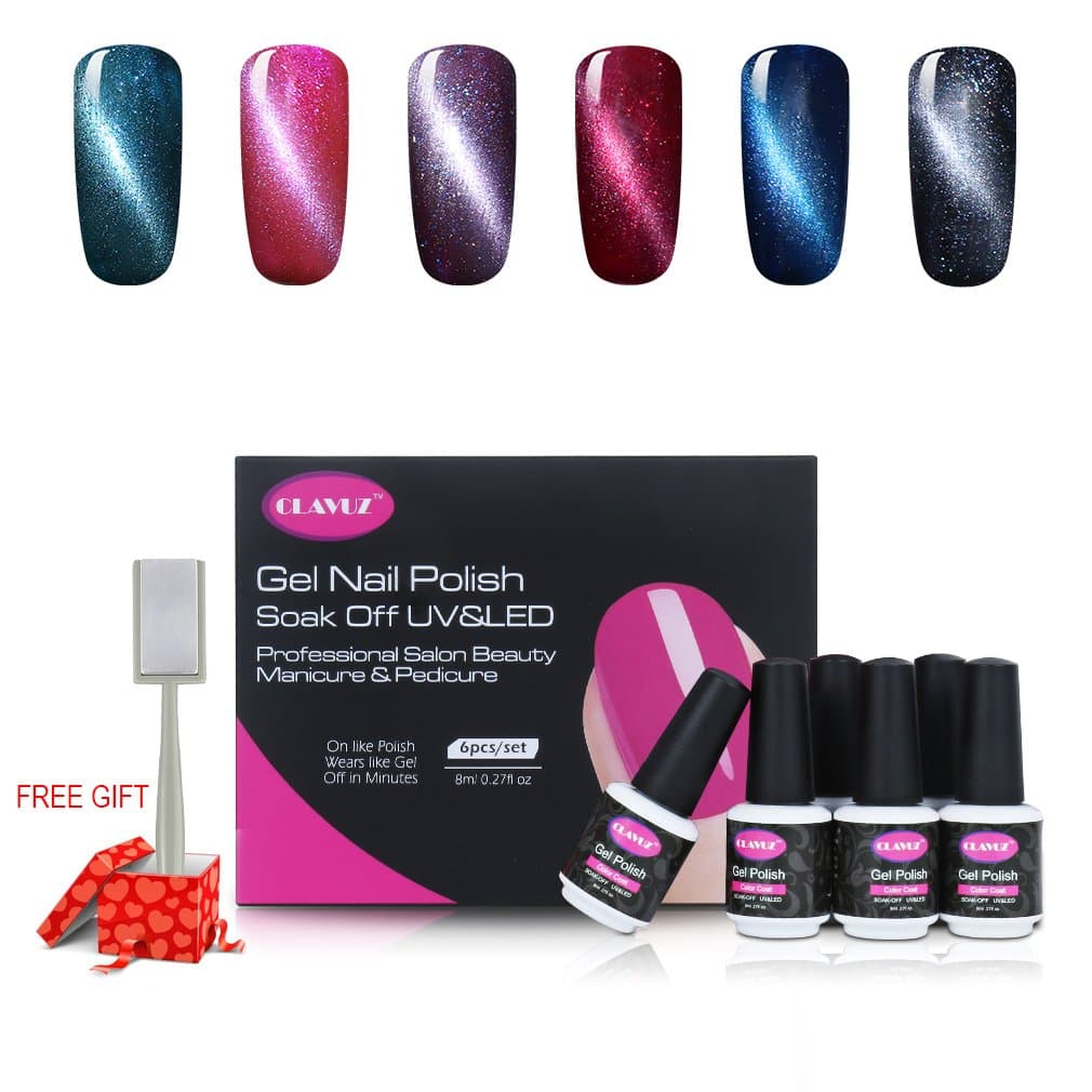 CLAVUZ Gel Nail Polish Set 6PCS Soak Off Magnetic Cat Eye 3D Nail Gel Polish with Free Magnet Sticks