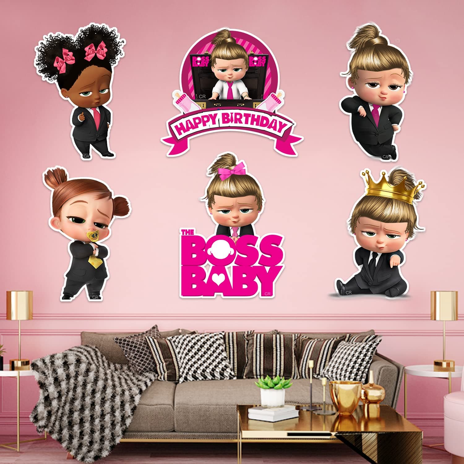 Boss Baby Girl Happy Birthday Cardstock Cutout with Glue Dot for Kids Theme for Baby Shower Happy Birthday Decorations Supplies (Pack of 7)