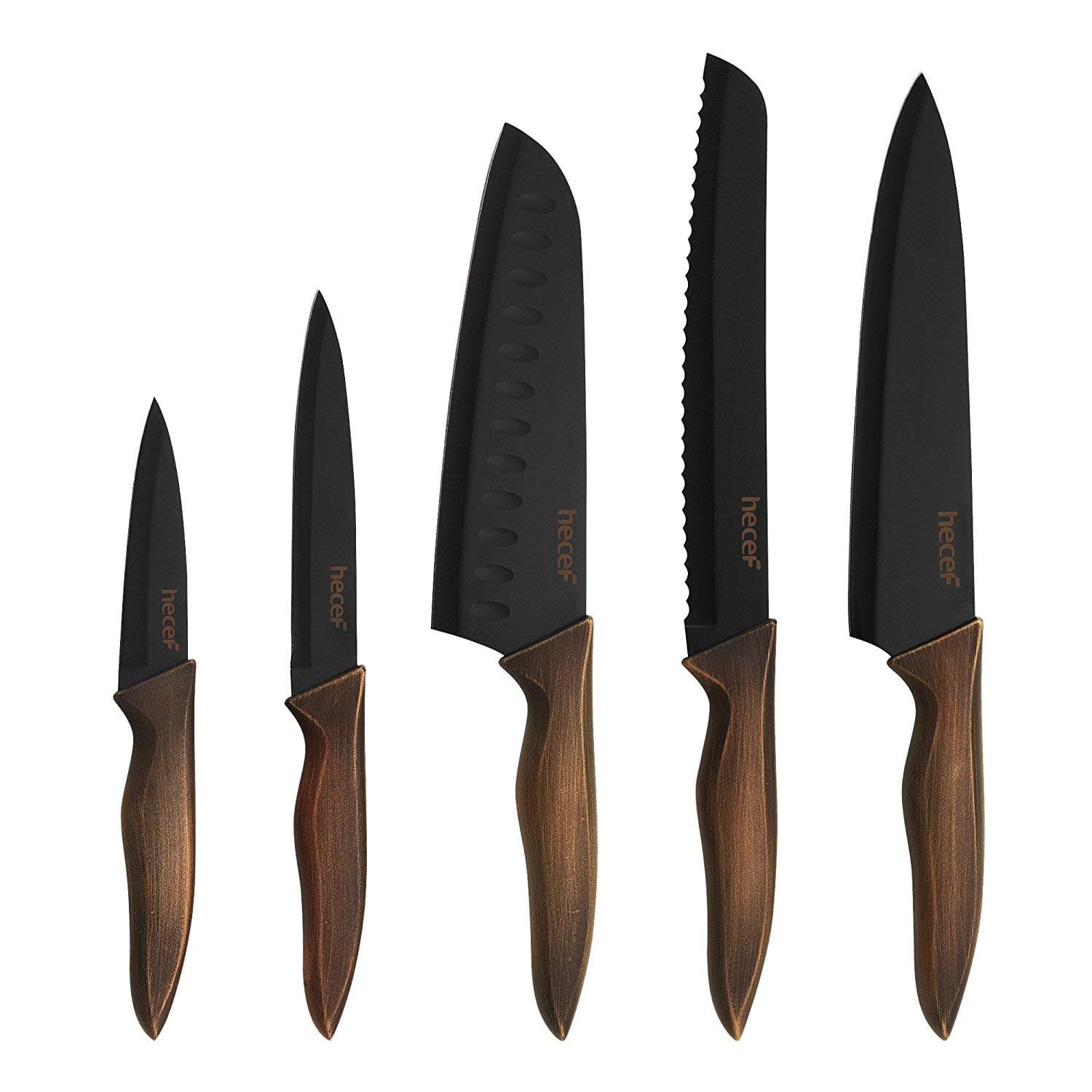 Vintage Kitchen Knife Set, Stainless Steel Non-stick Black Coated Knives with Extra Sheaths, Includes 8'' Chef Knife, 8'' Bread Knife, 7'' Santoku Knife, 5''Utility Knife and 3.5'' Paring Knife