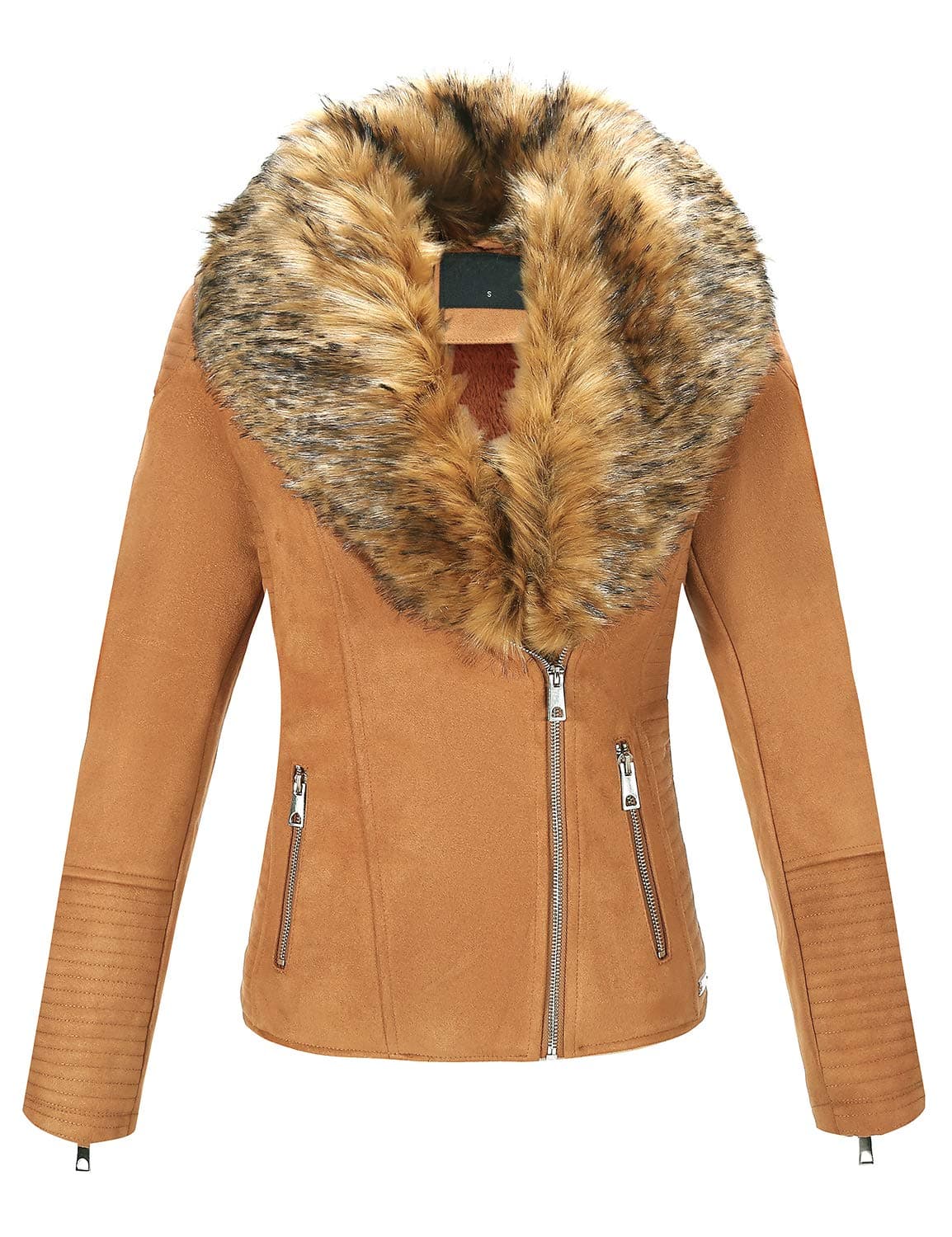 Geschallino Women's Faux Leather Jacket Fall Winter Moto Sherpa Lined Coat with Removable Fur Collar
