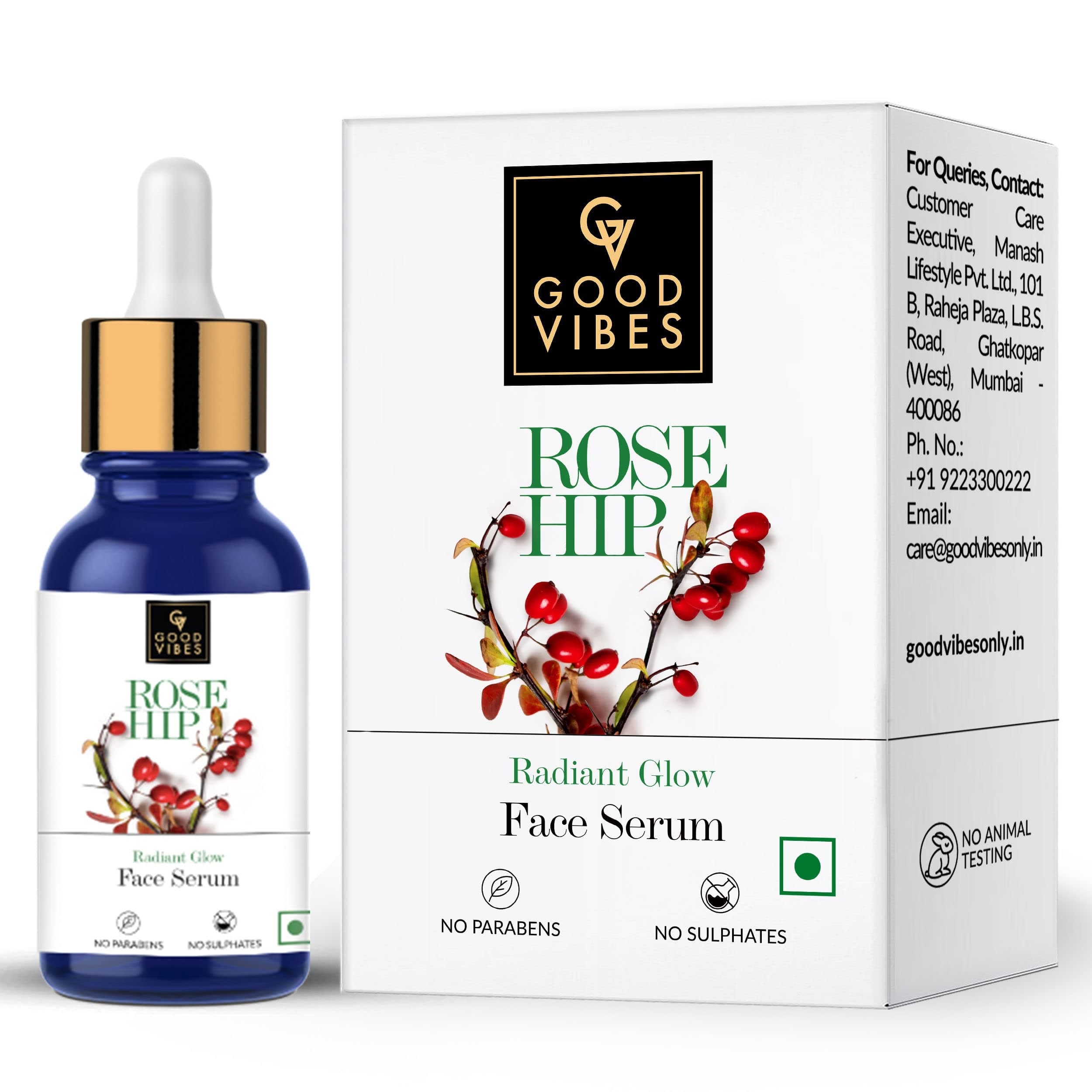 Good Vibes Rosehip Face Serum with Vitamin E | Hydrating Serum for Reducing Dark Circle & Spots | Ideal for Dry & Dehydrated Skin | 0.34 Fl Oz/10ml
