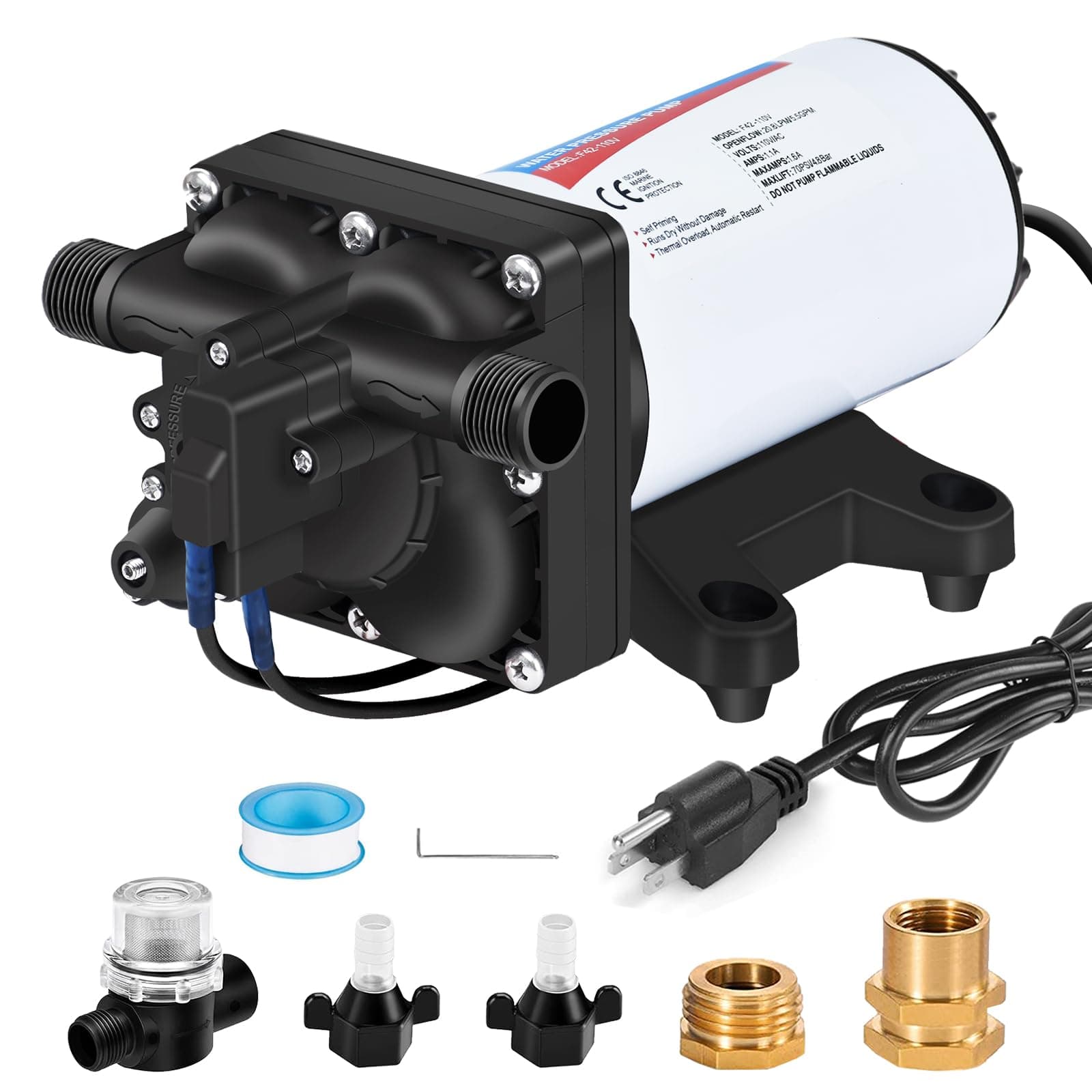 YOUNGTREE Water Pressure Diaphragm Pump 110V AC 5.5GPM 70PSI Self Priming RV Water Transfer Pump 110 Volt On Demand for Home Kitchen RV Garden Irrigation Car Washing Rain Barrel Lawn Camper