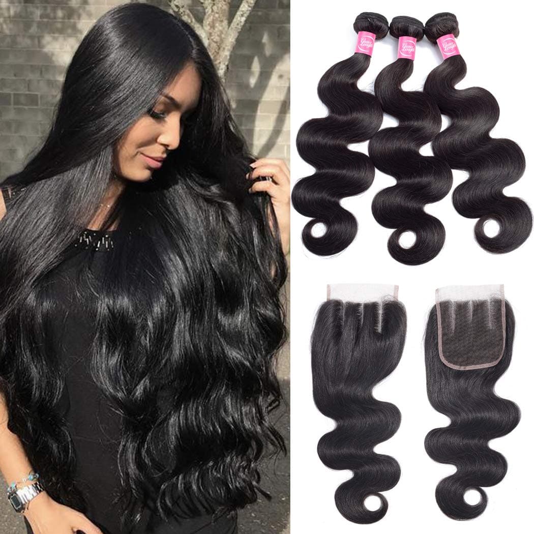 Body Wave Bundles with Closure 9A Brazilian Remy Human Hair Body Wave (10 12 14+8 Three Part) Unprocessed Brazilian Human Hair Weave 3 Bundles with Lace Closure