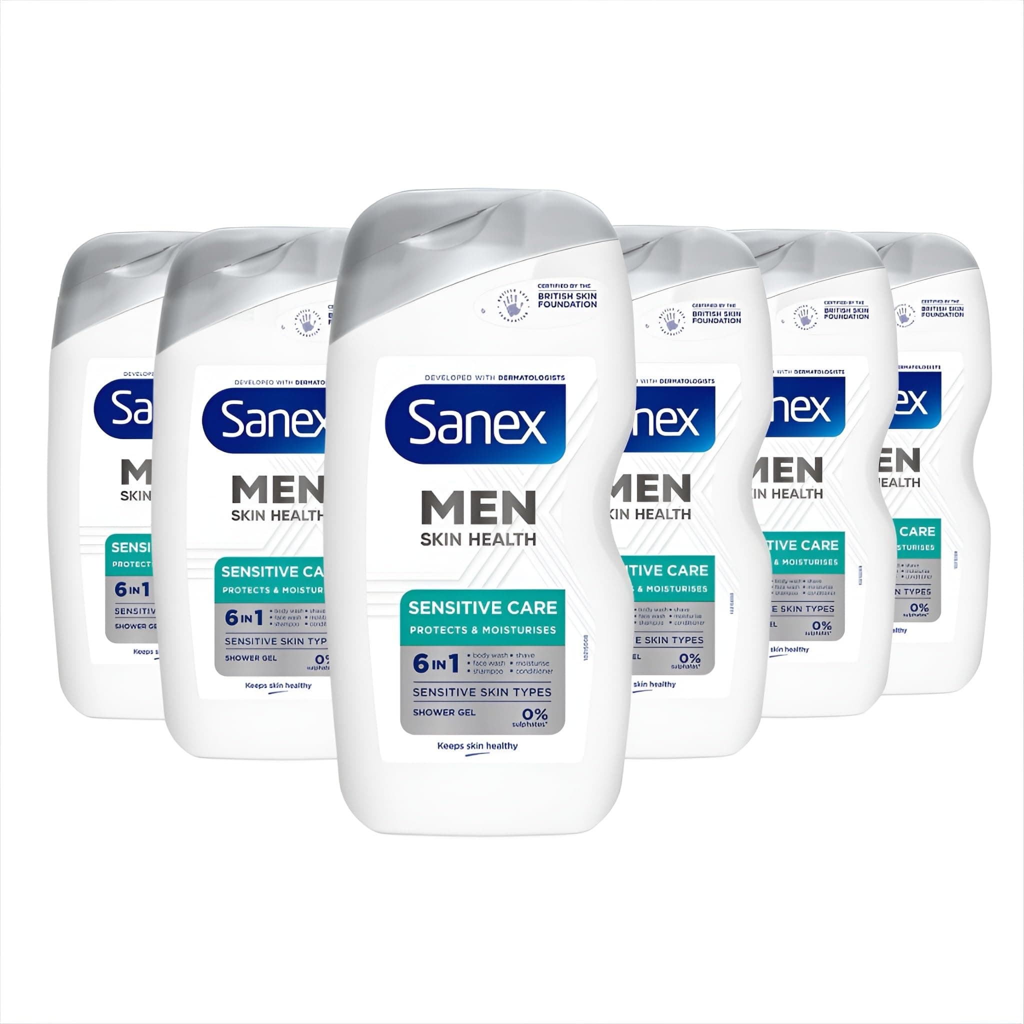 Sanex Men Skin Health Sensitive Care Shower Gel 400ml x 6 - men’s body wash - protects skin - helps reduce risk of irritation - enhances natural hydration - 6-in-1 benefits - dermatologically tested