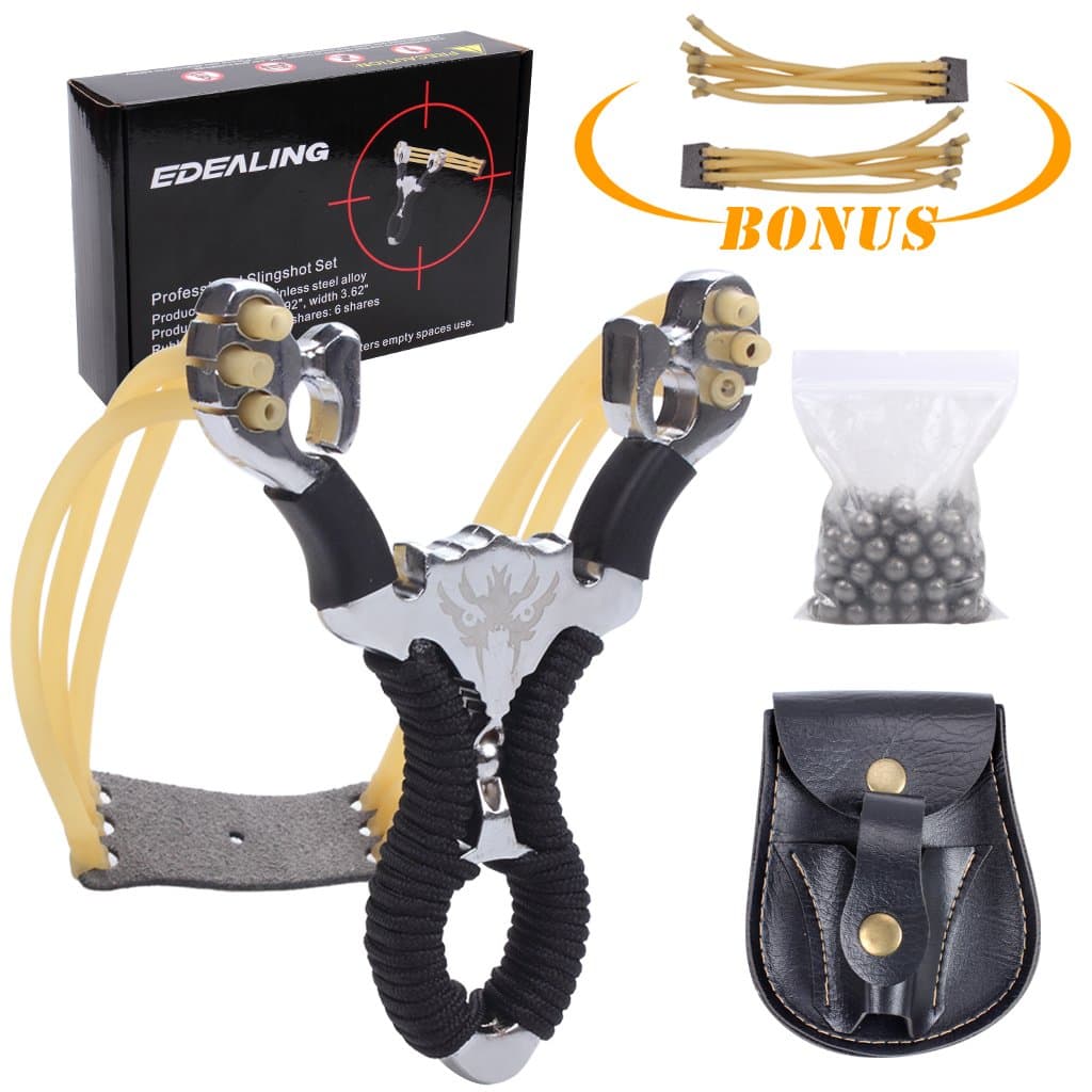 Professional Stainless Steel Slingshot Set Outdoor Hunting Catapult Powerful Slingshot Bow + 2pcs Rubber Bands Replacement + 50pcs Steel Balls + 1pcs Leather Bag