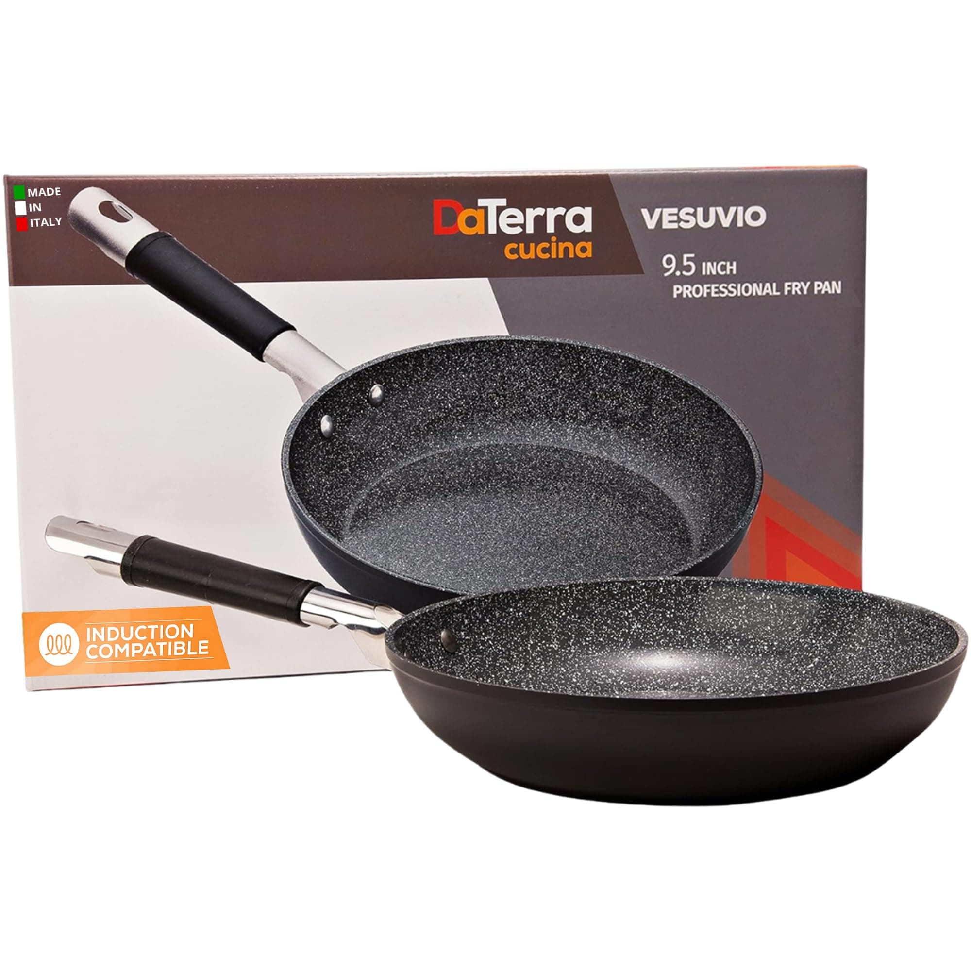 Vesuvio Ceramic Coated Nonstick Frying Pan, 9.5 Inch | Heat Resistant Silicone Handle | Durable, High Heat Aluminum Base with No PTFE, PFOA, Lead or Cadmium | Oven & Dishwasher Safe | Made In Italy