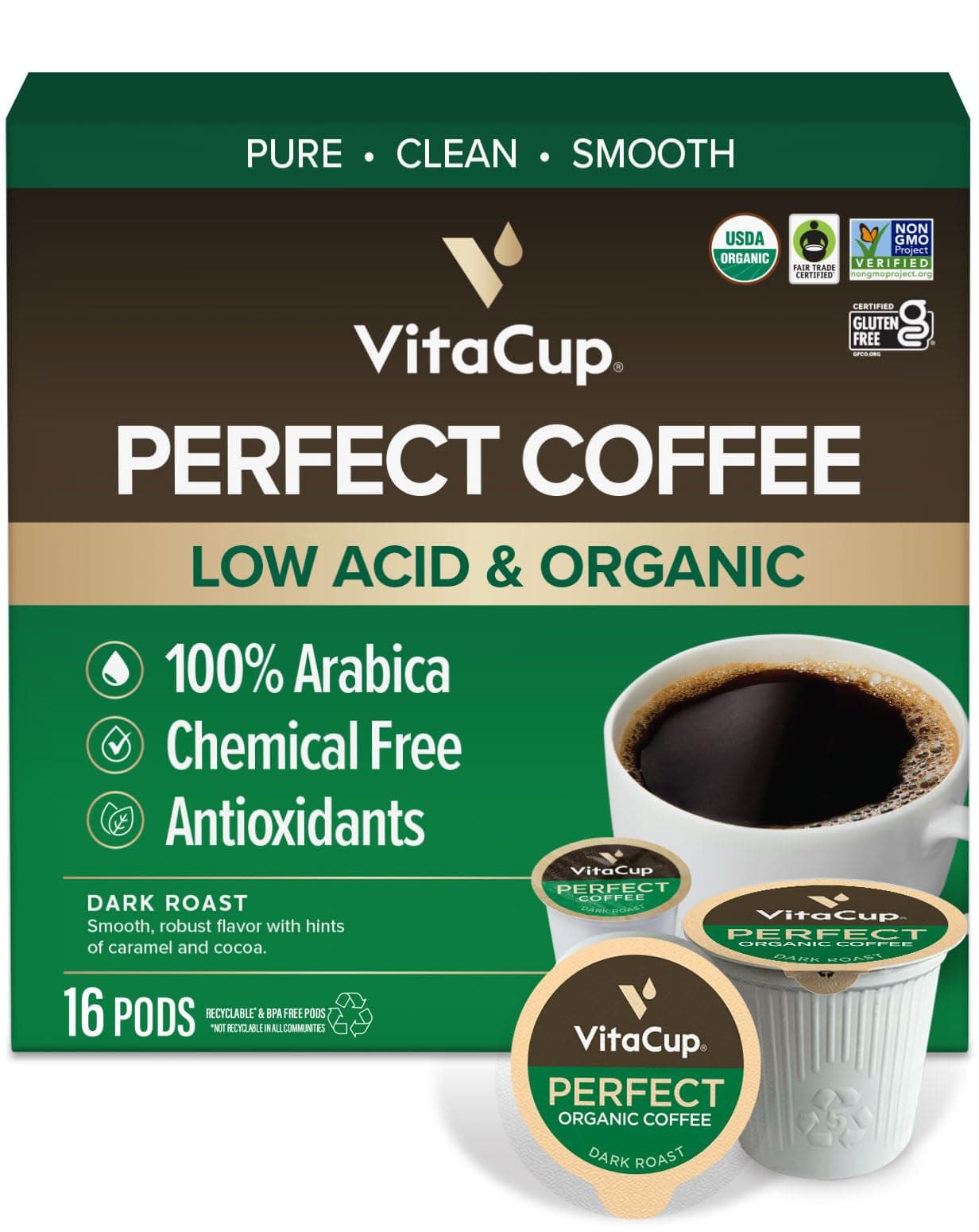 - Perfect Low Acid Coffee Pods, USDA Organic & Fair Trade, Mycotoxin Free, Dark Roast Guatemala Single Origin, Clean & Pure Single Serve Pod compatible w/Keurig K-Cup Brewers,16 CT