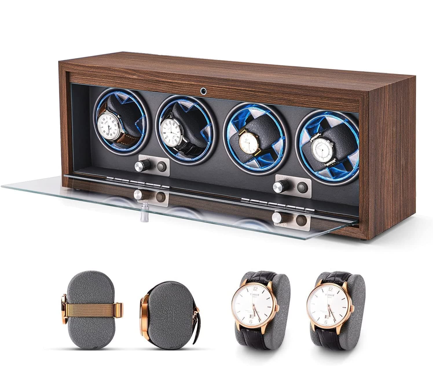 Moonmen Watch Winder for Automatic Watches, Ultra Quiet Motor for 4 Automatic Watches with LED Lights, Automatic Watch Winder with 4 Rotation Modes, Walnut Wood Finish