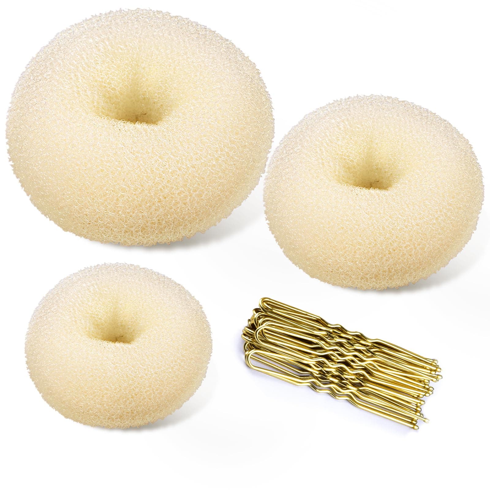 3Pcs Golden + 20Pcs Blonde Pins: Hair Bun Maker Blonde, Tsmaddts 3Pcs Donut Bun Maker (Large, Medium, Small) With Large Bobby Pins Blonde 20Pcs, Doughnuts Sock Bun Ring Styler Mak