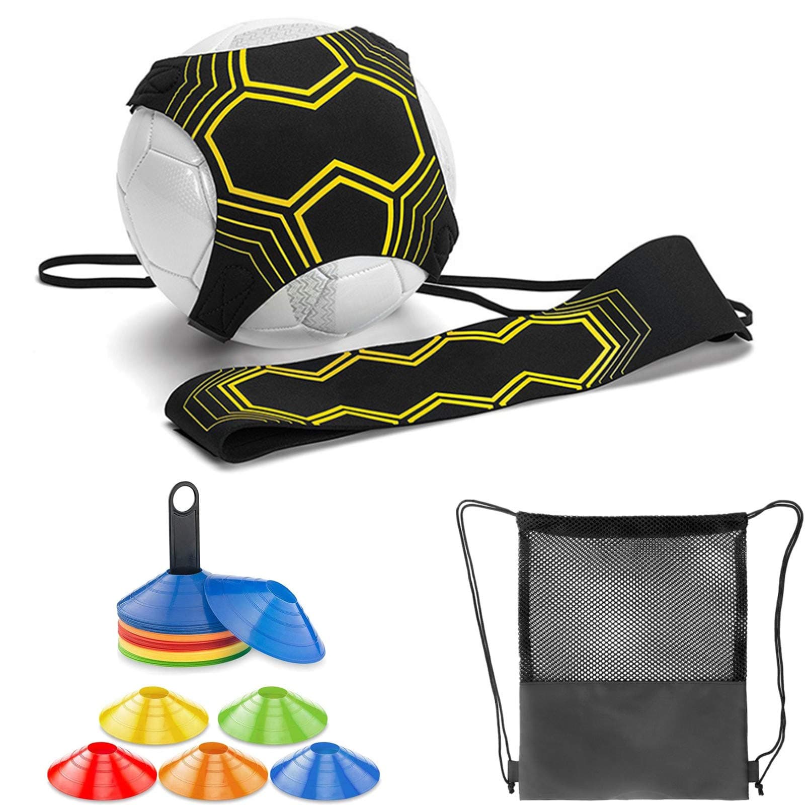 Football Training Equipment Belt Trainer Soccer Kick Trainer Keepy Uppy, Fit For Size #3#4#5 With Marker Cones & Carry Stand And Drawstring Backpack (Kick Trainer+10pcs merkers cones +Backpack)