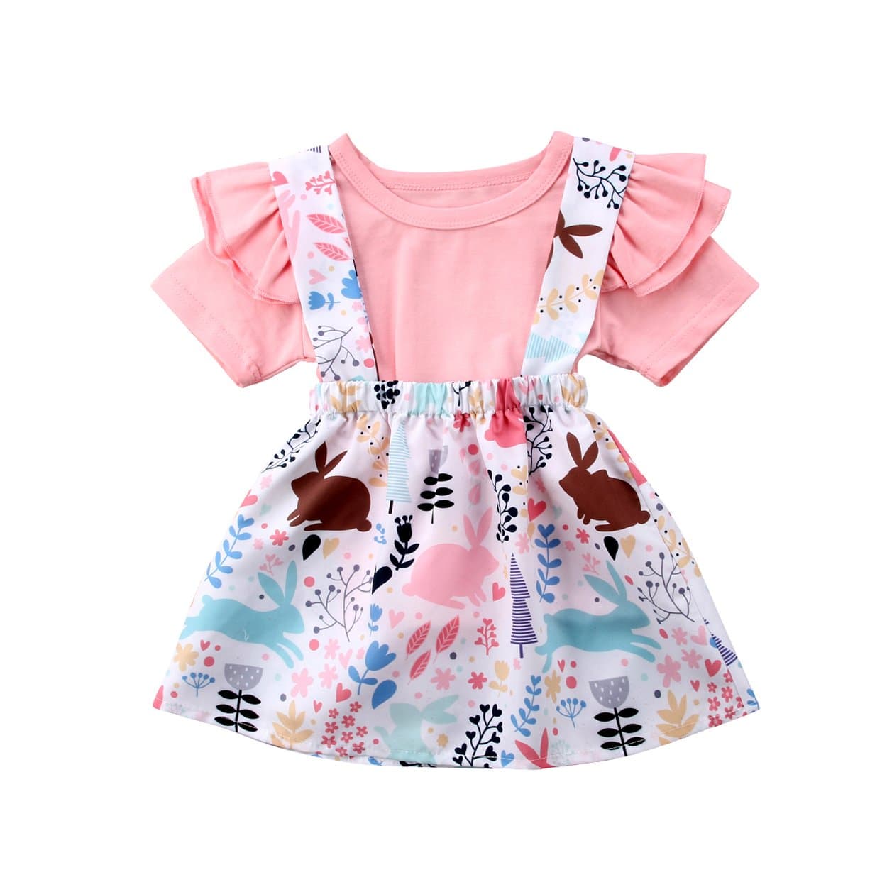 Newborn Toddler Kids Girl Easter Day Clothes Plain T-Shirt+Floral Bunny Overall Skirt Set