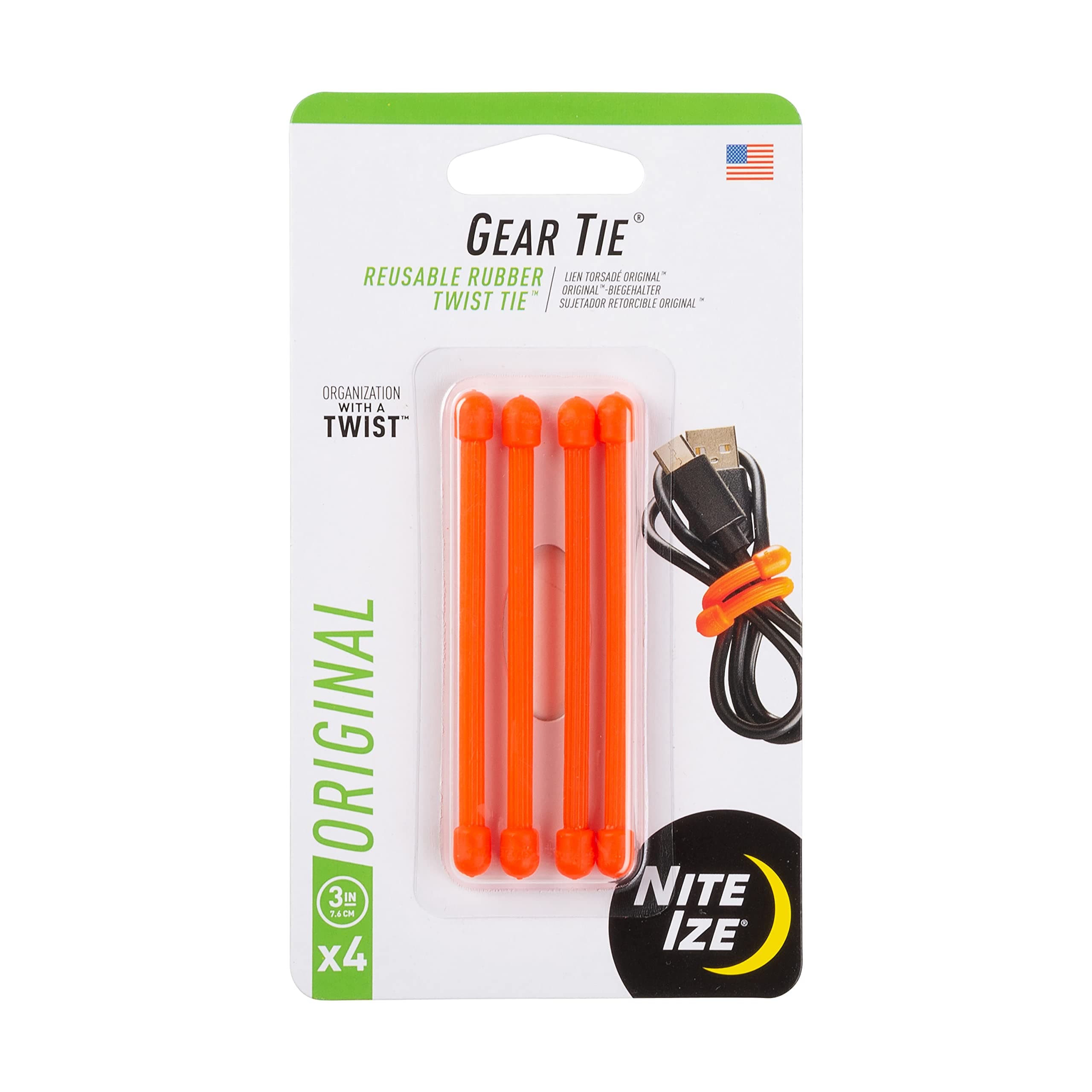 Nite IZE GT3-4PK-31 Original Gear Tie, 3" Bright Orange, 4 Pack, Made in the USA