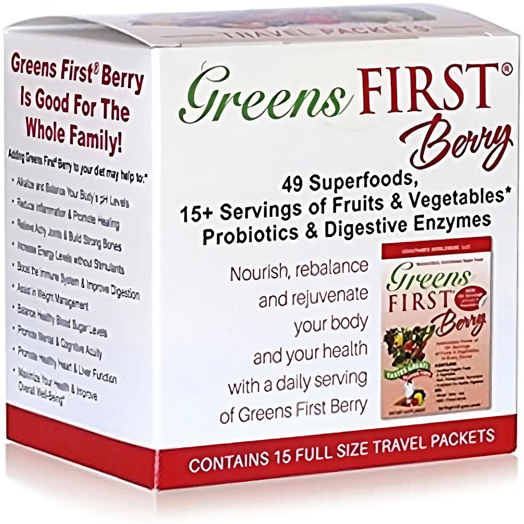 Greens FirstBerry - Travel Packets - Greens Powder Superfood, 49 Superfoods, 15+ Organic Fruit & Vegetables, Antioxidant Smoothie Mix Supplement, Dairy Free, Vegan & Non-GMO - 15 Count
