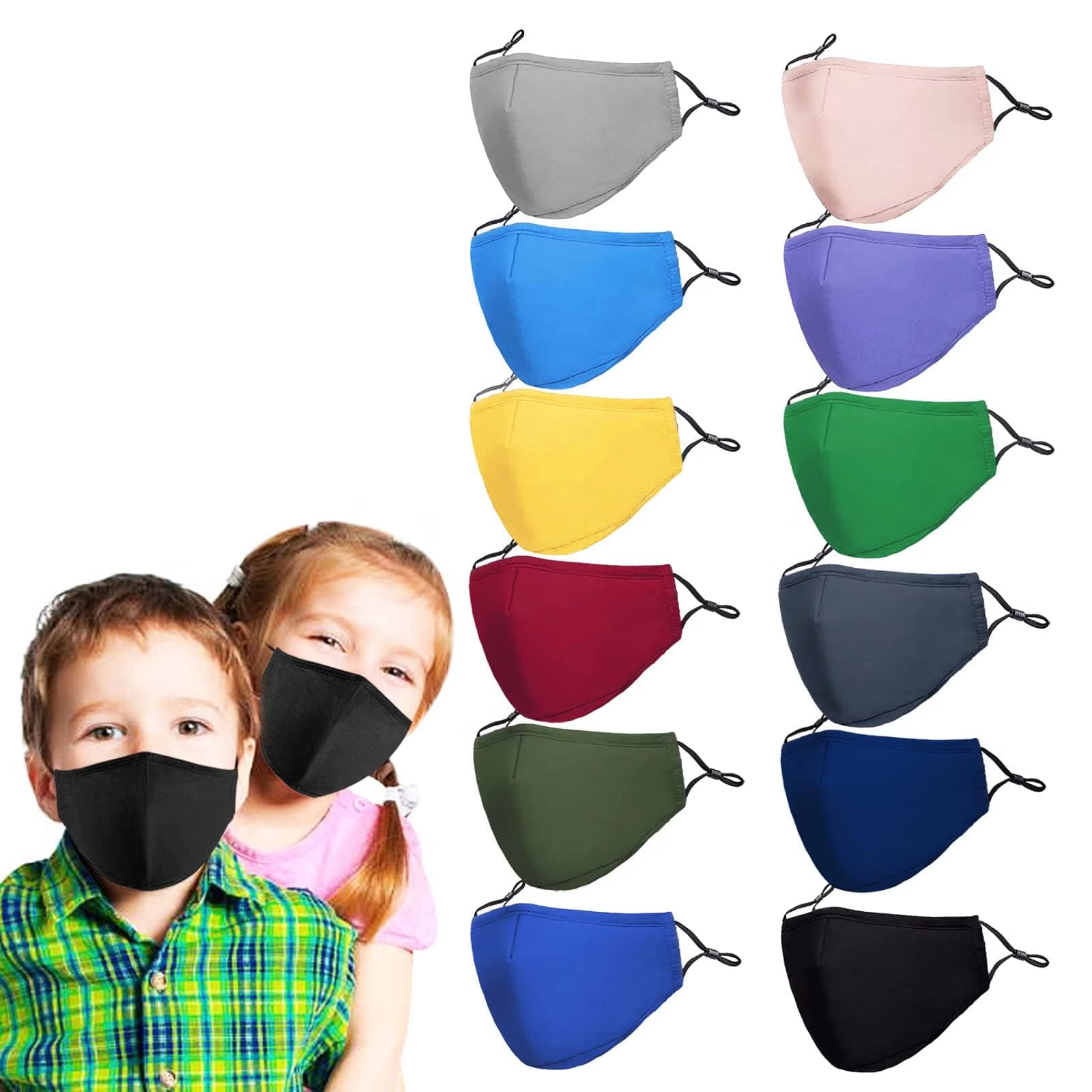 12 Pack Kids Masks Cloth Face Mask Reusable Washable Cute Boys Girls Face Masks Breathable Adjustable School Mask for Child
