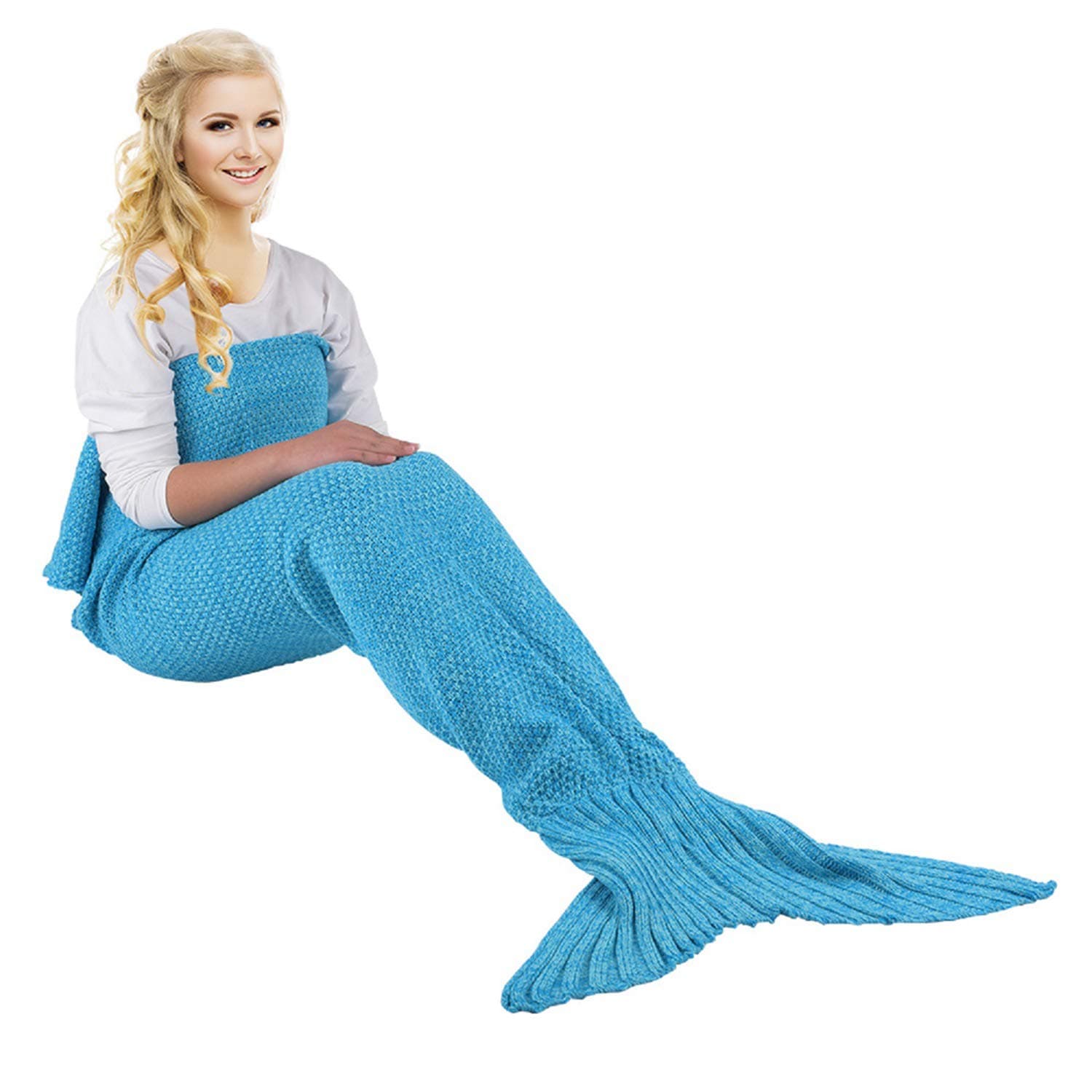 yashidali Wearable Mermaid Tail Blanket Crochet, All Seasons Warm Knitted Bed Blanket Sofa Quilt Living Room Sleeping Bag for Kids and Adults, Classic Pattern, 70.9" x 35.5" (180 x 90cm), Light Blue