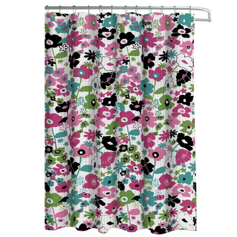 Creative Home Ideas Oxford Weave Textured 13-Piece Shower Curtain with Metal Roller Hooks, Stencil Floral Pink/Black