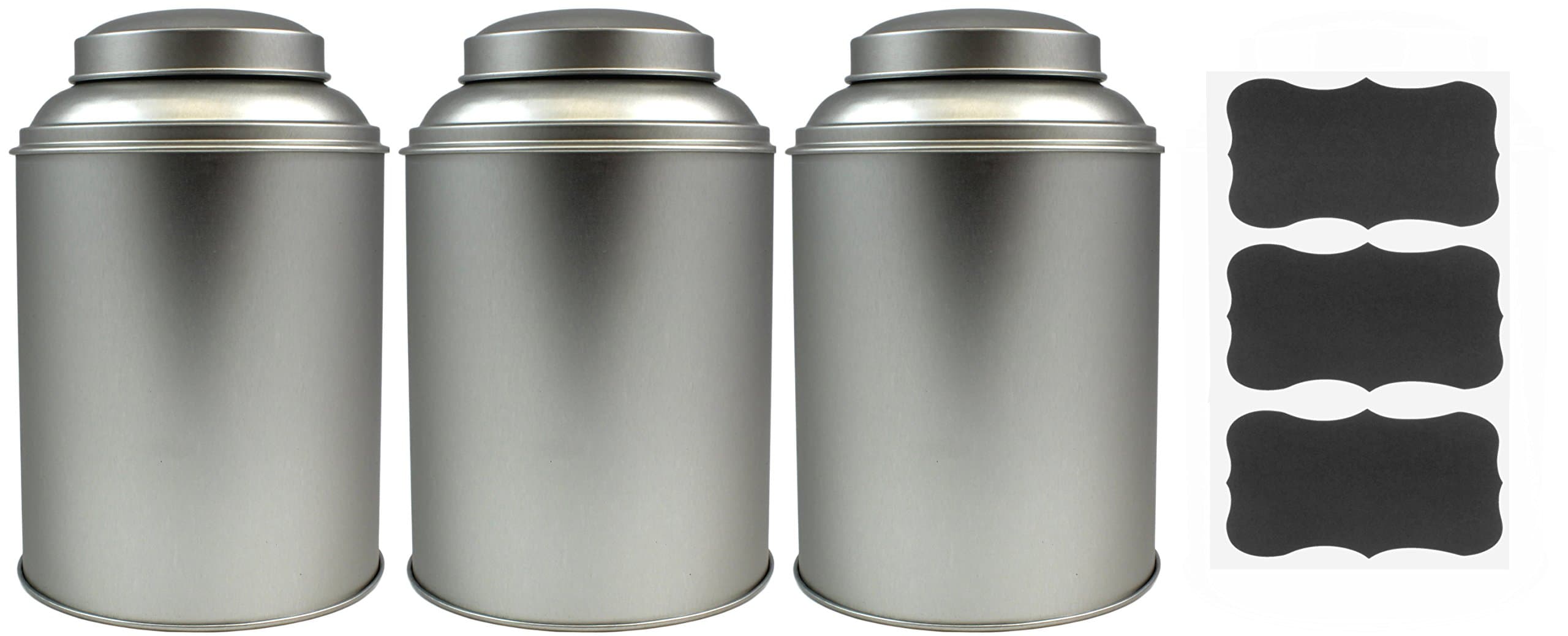 Round Stackable Tea Tin (3-Pack), Canisters with Dual Lid and Chalk Labels for Loose Leaf Tea Storage, Coffee Beans and Dried Goods