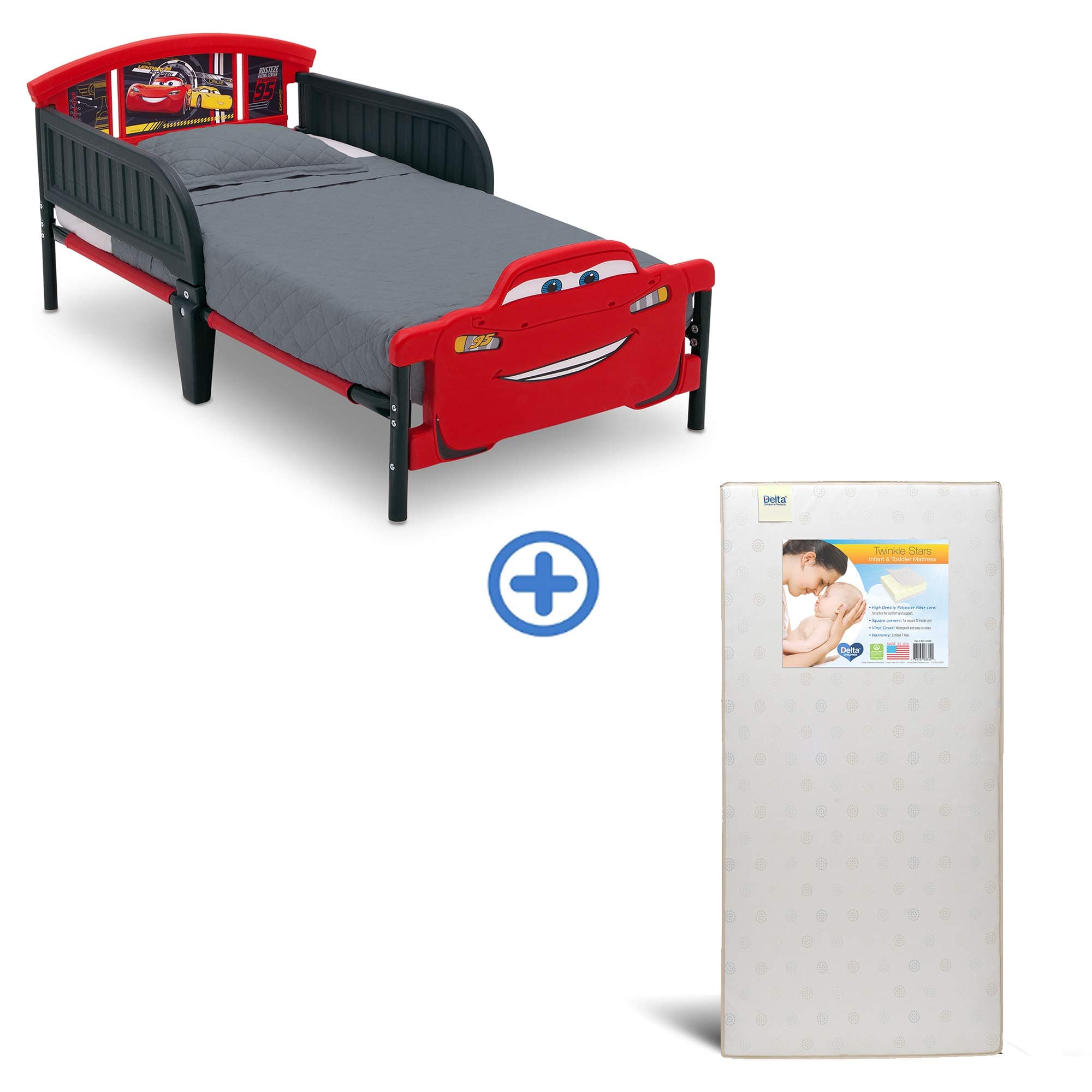 Delta Children 3D-Footboard Toddler Bed, Disney/Pixar Cars 3 and Delta Children Twinkle Stars Fiber Core Crib and Toddler Mattress