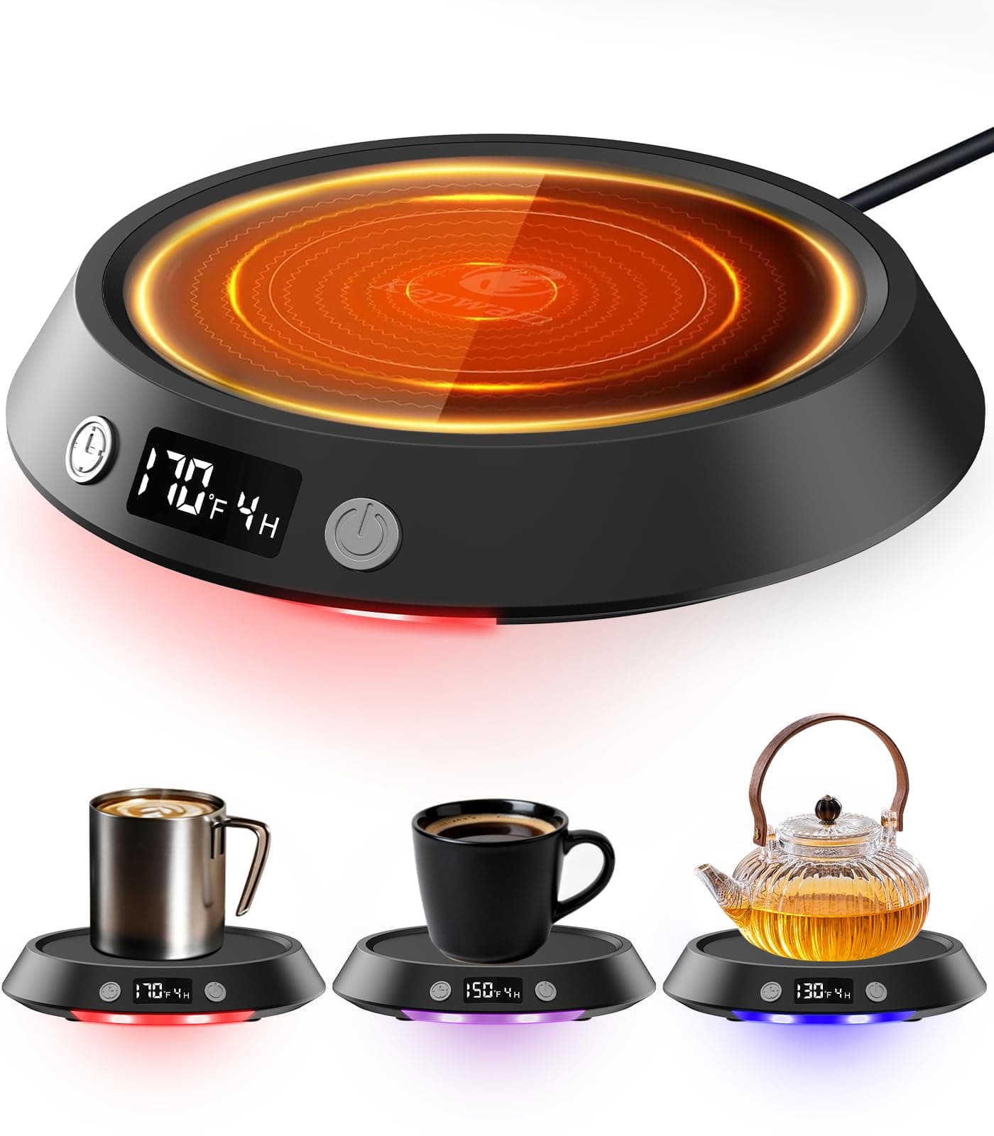 Kepwam Coffee Mug Warmer - 50W Electric Coffee Warmer for Desk 3 Temp Settings & 2-9 Timer Smart Cup Warmer for Desk Candle Warmer Plate with LED Lights Beverage Tea Milk Warmer for Home & Office