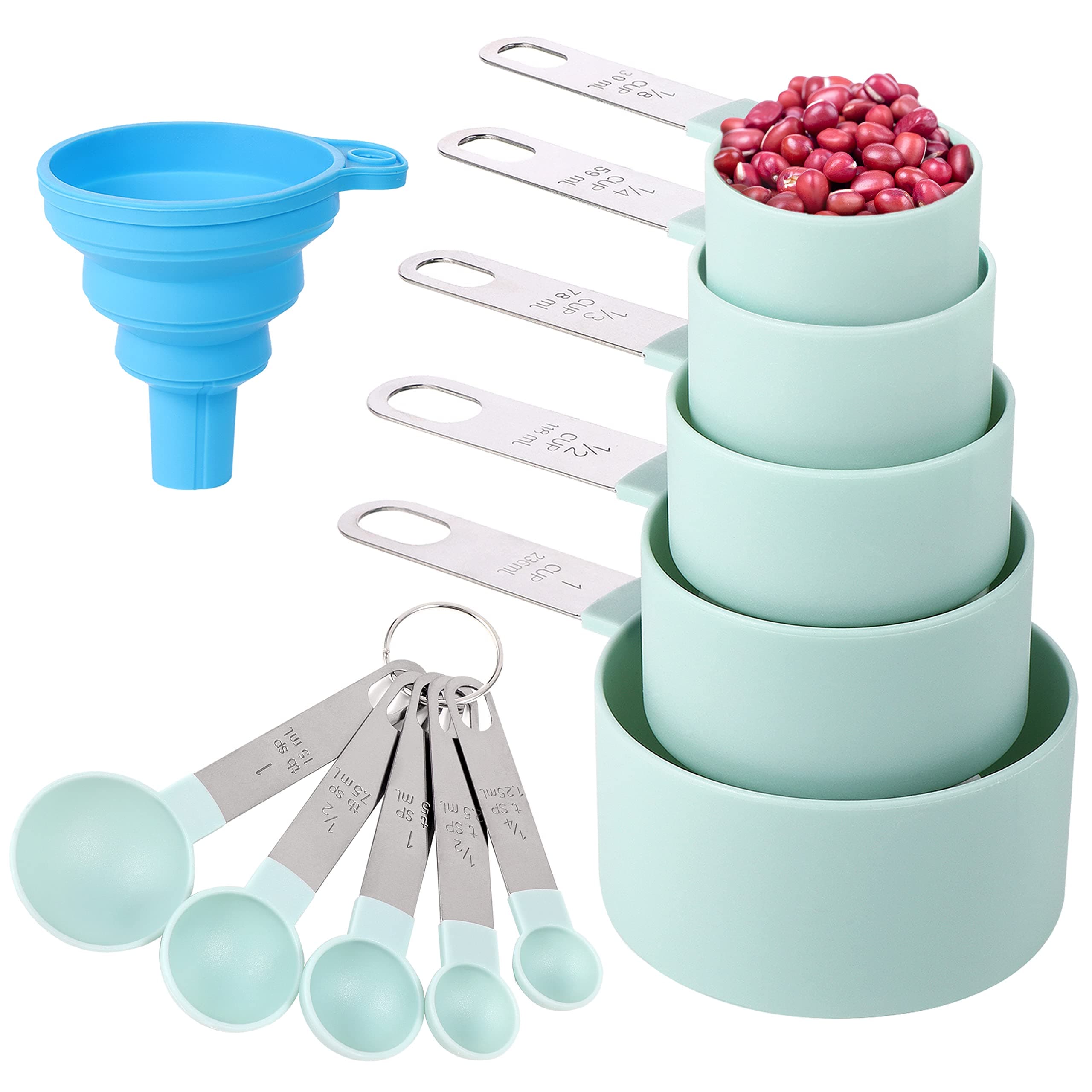 10-piece Set of Measuring Cups and Spoons, Nested Measuring Cups with Stainless Steel Handle, Suitable for Dry and Liquid Ingredients (Lake Blue)