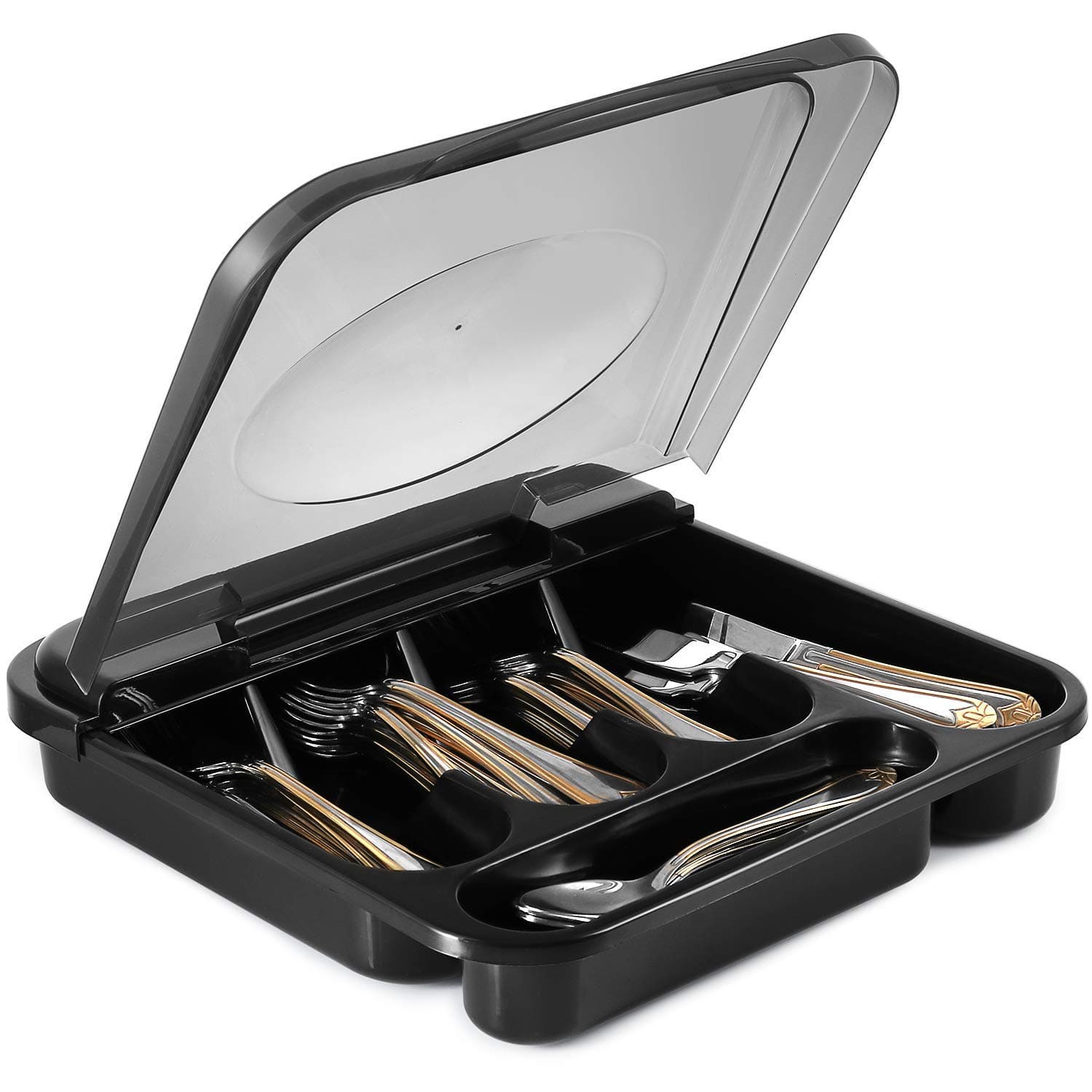 Flatware Plastic Tray with Hinged Lid, Kitchen Cutlery and Utensil Holder Organizer, 5 Compartment Silverware Storage Bin with Attached Cover Top