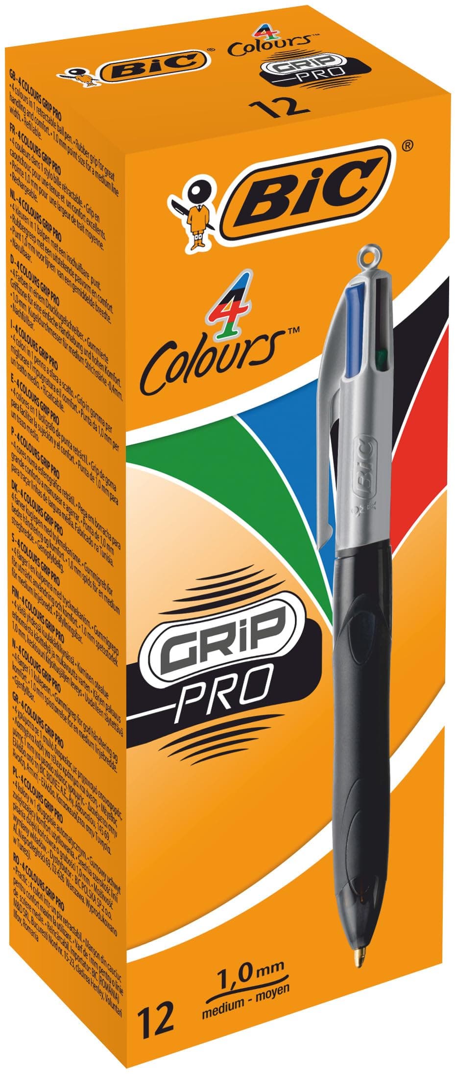 4 Colours Grip Pro Retractable Medium Point (1.0 mm) Ballpoint Pens, 12 Pens and Each Pen Contains 4 Colours