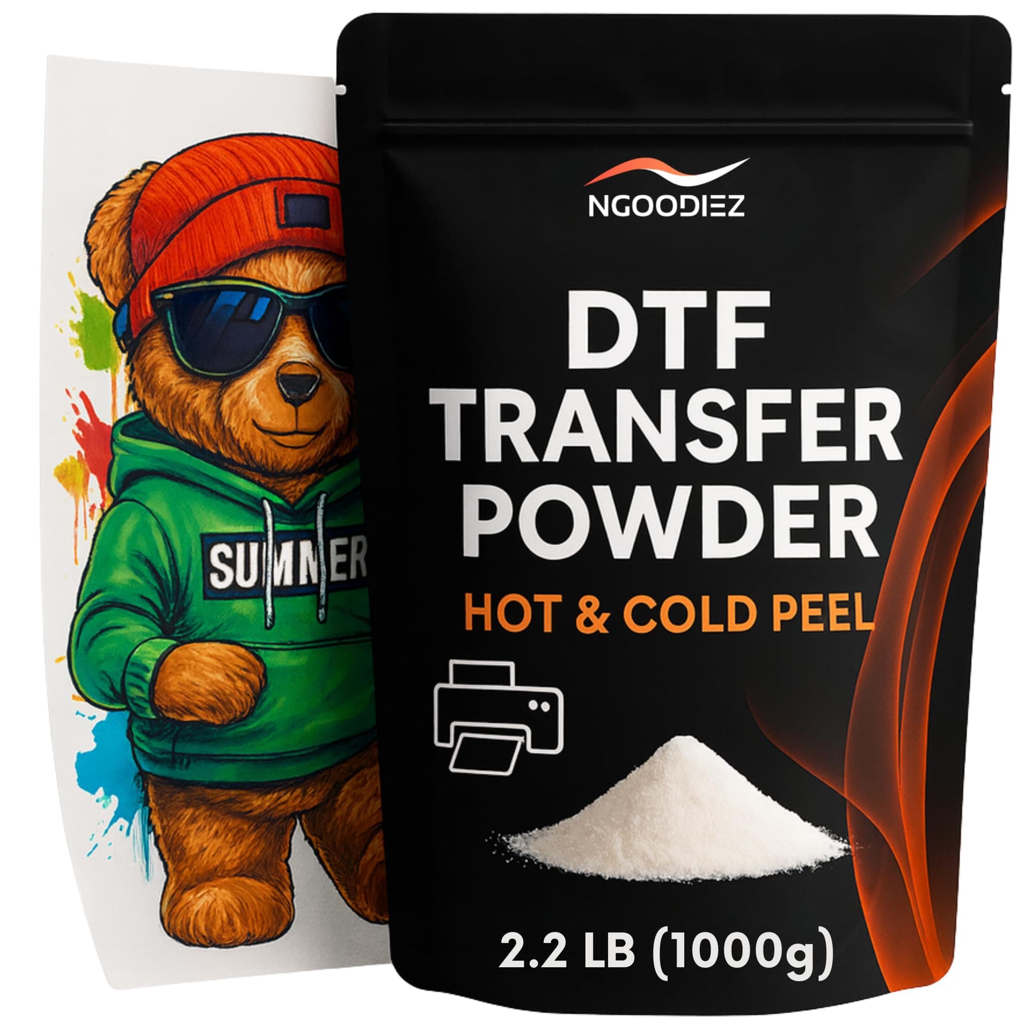 NGOODIEZ DTF Powder Digital Transfer - Hot Melt Adhesive, DTF Pretreat Transfer Powder for Direct Printing on Any Colored/White Fabric, Adhesive Powder for DTF Printer & Film (White, 35.2 oz / 1 kg)