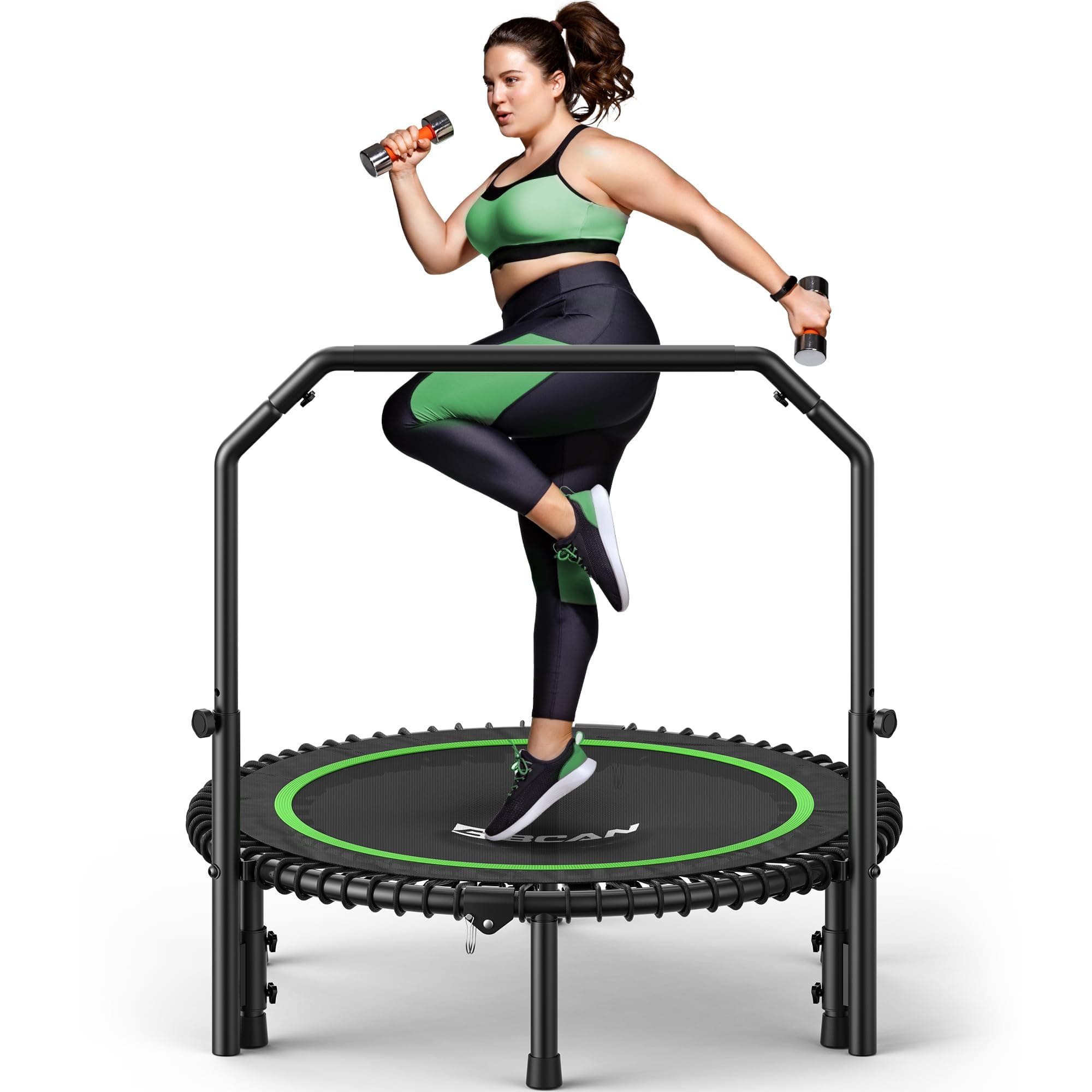 BCAN BT2 450/550LBS Mini Rebounder Trampoline for Adults with Bar, Fitness Trampoline with Bungees, Adjustable Handle, Stable & Quiet, Indoor Outdoor, Whole-Body Workout & Relaxation at Home-40IN/48IN