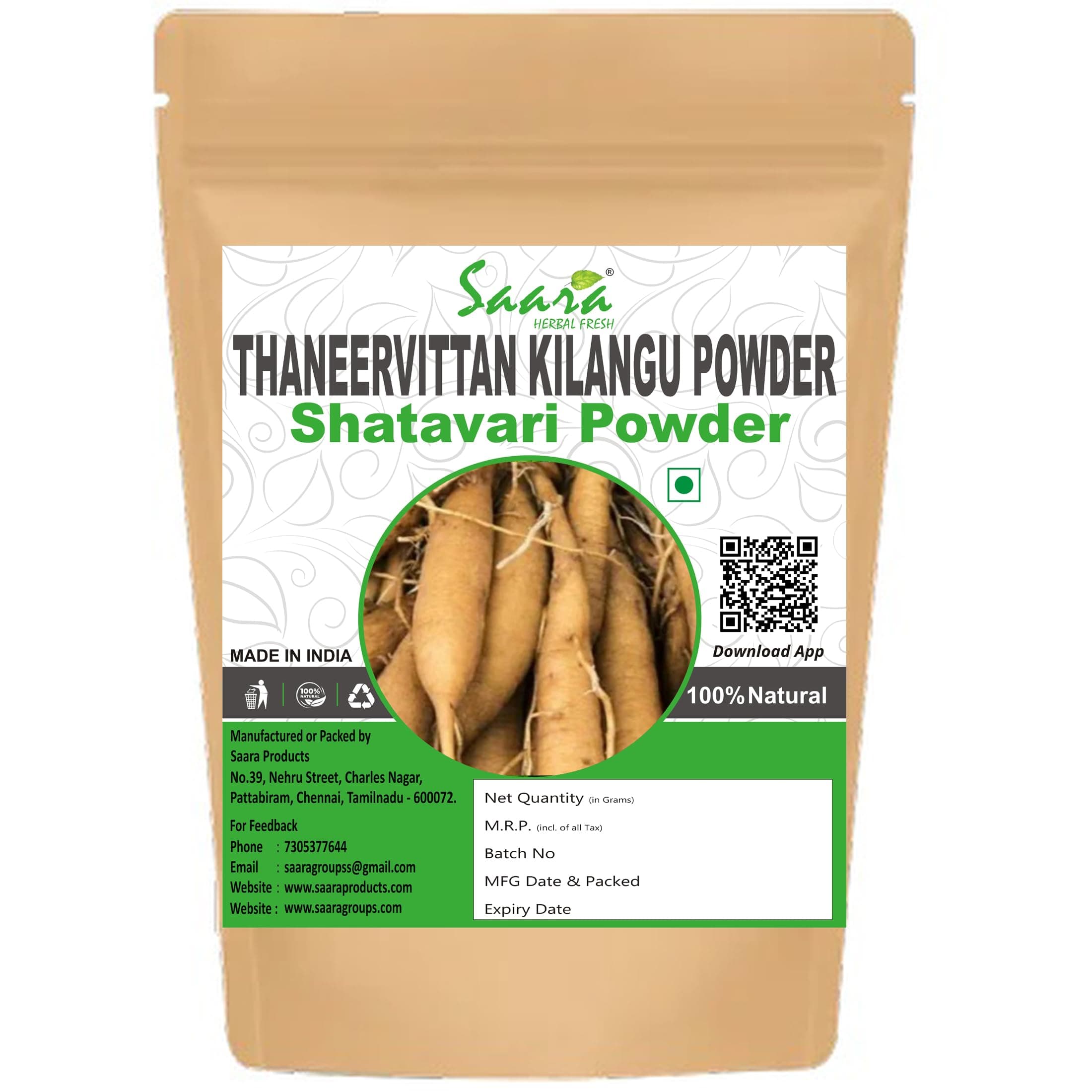 Saara HERBAL FRESH Thaneervittan Kizhangu Powder,100g, Shatavari Root, Abiruvu, Asparagus Racemosus, Challagadda, Satamuli,shatavari powder Helps to Boosts Immunity