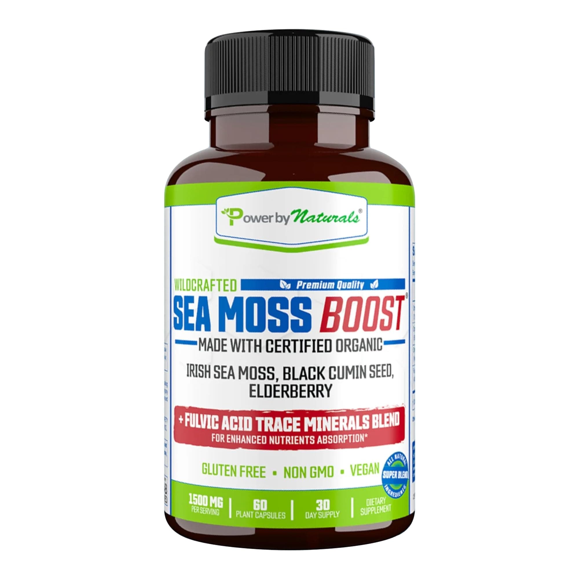 Power By Naturals Sea Moss Advanced with Black Seed Oil & Elderberry Capsules - Certified Organic Irish Sea Moss Capsules for Energy, Gut & Immune Support - Sea Moss Pills with (60+ Minerals) 60 Pills