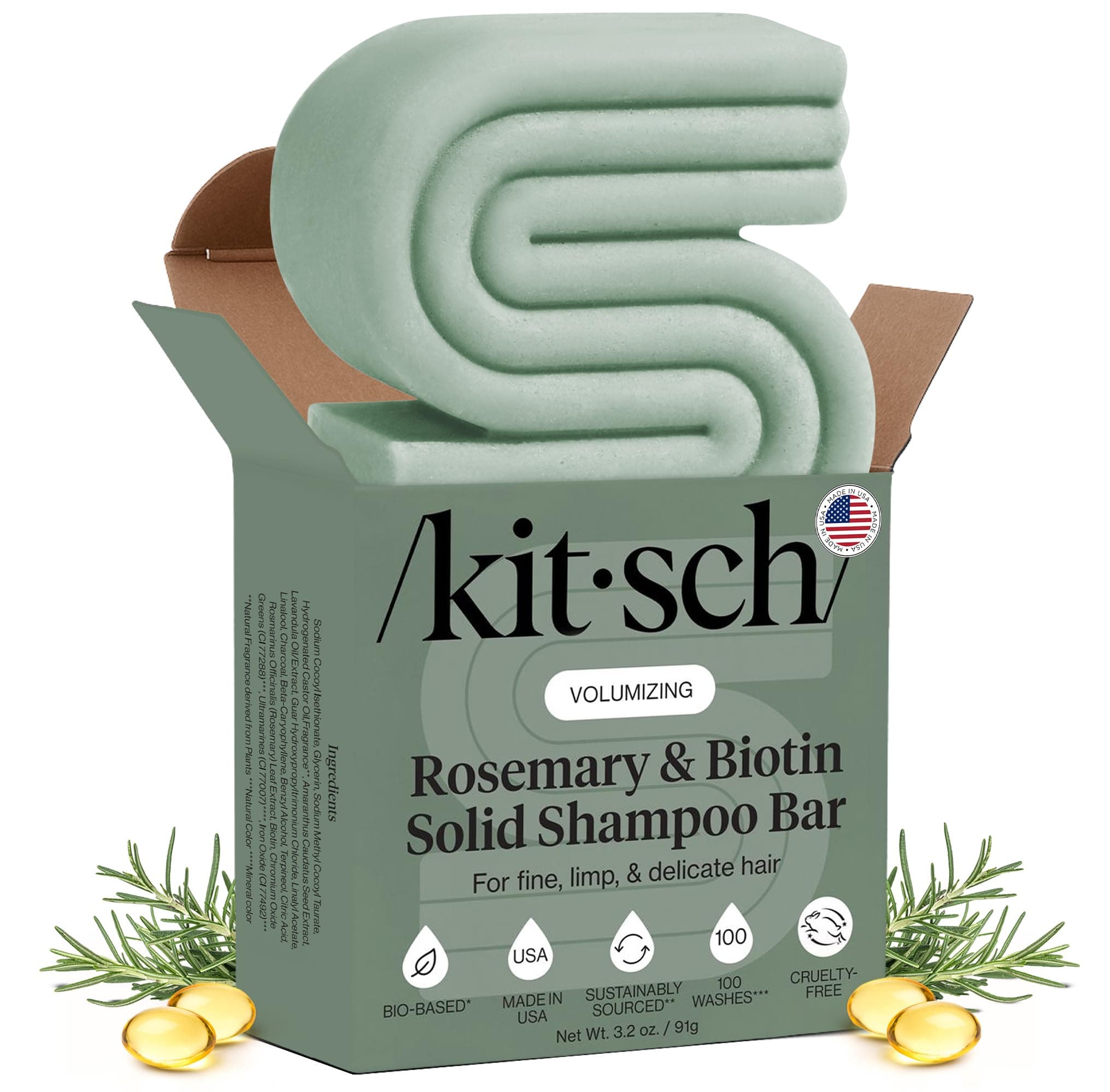Kitsch Rosemary & Biotin Volumizing Natural Shampoo Bar for Hair Growth, Strengthening & Thickening Rosemary Shampoo Bar for All Hair Types, Made in USA, Vegan, Paraben Sulfate & Cruelty Free Bar Soap