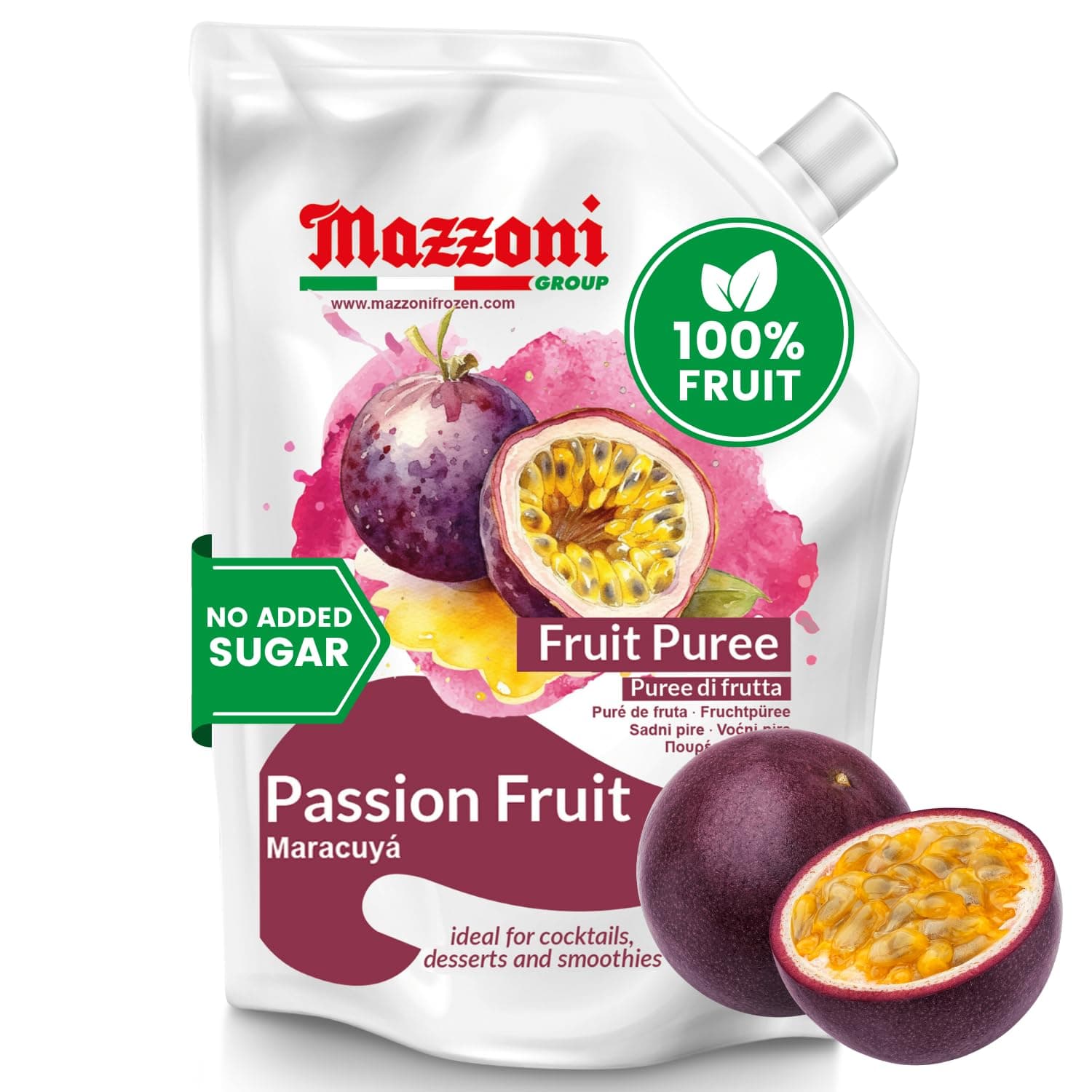 Mazzoni - Passion Fruit Juice Puree, 100% Maracuya, Just Fruit, No Sugar Added, 2.2 lbs (35.2 oz) Real Fruit Mixer for Cocktails, Smoothies, Drinks, Fruit Juice, Convenient Pouch, Made in Italy