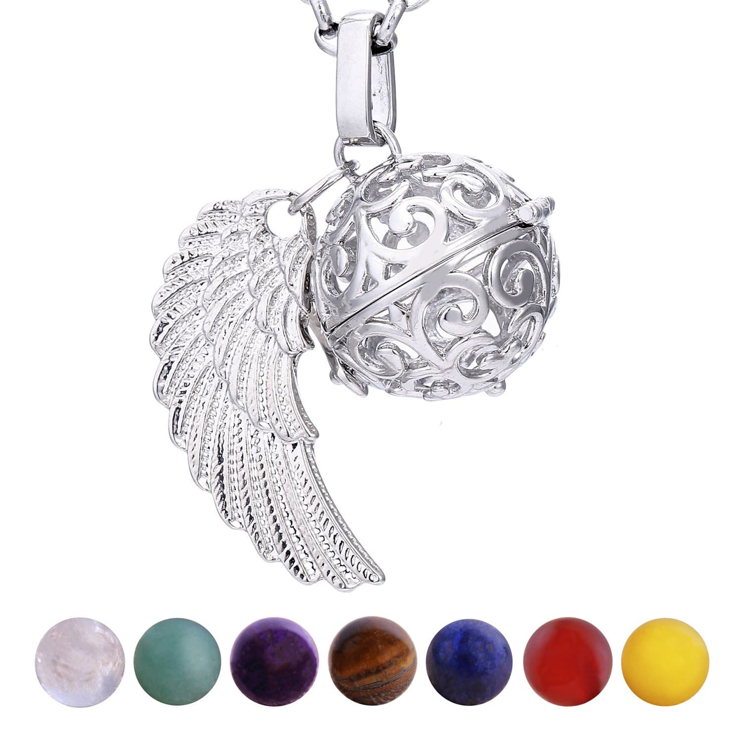 Women Necklace 70 cm 27.5" Stainless Steel with Pendant and 7 Gemstones Chakra Balls in Jewellery Bag