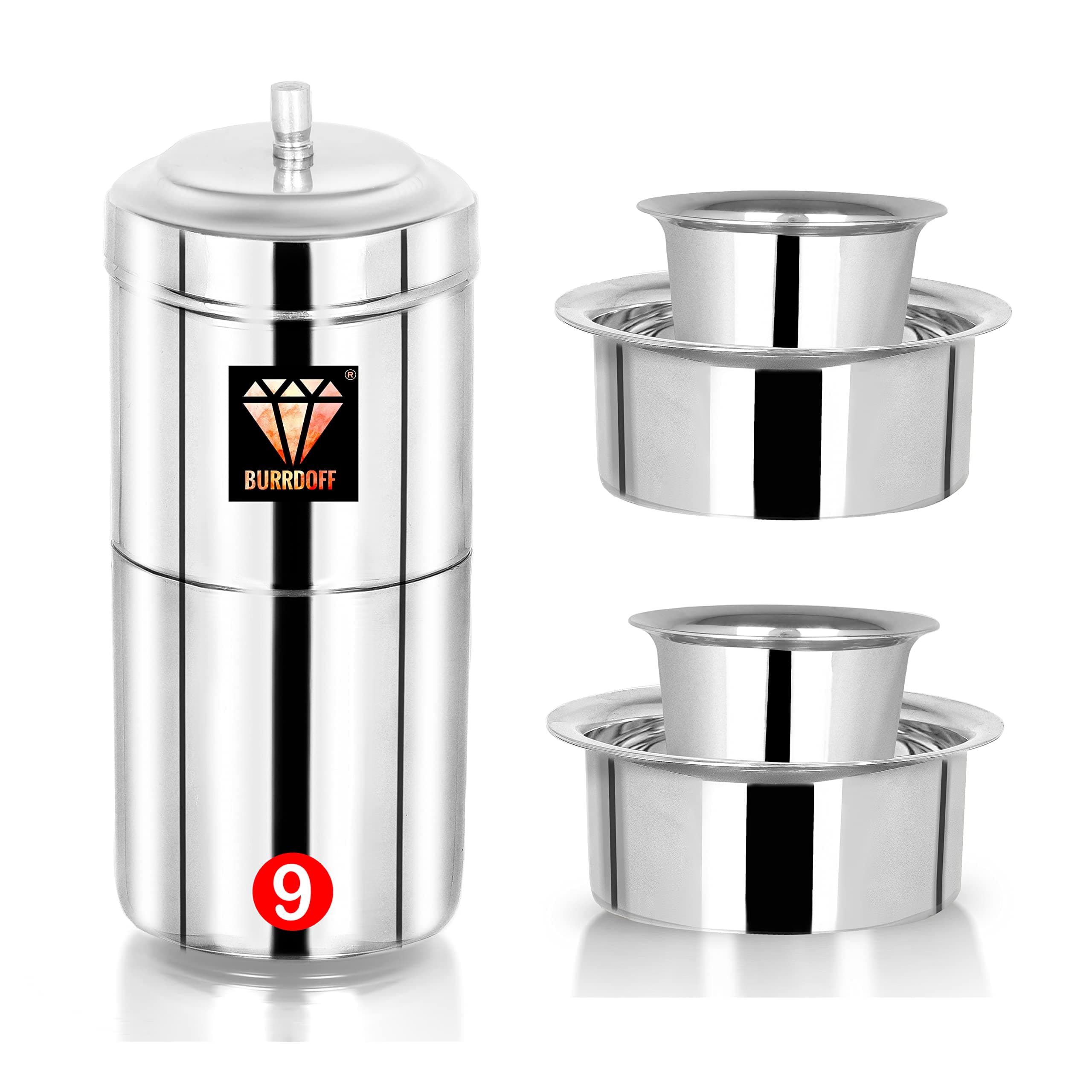 BURRDOFF Coffee Filter Stainless Steel 304 Grade (450ml + 2 Dabara & 2 Glass) Filter Coffee Maker Steel Indian Coffee Filter for Home Coffee Filter South Indian with 2 Dabara & 2 Glass