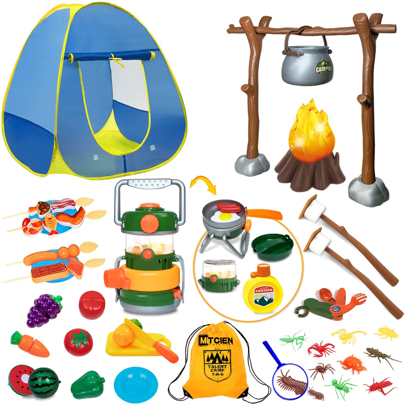 Kids Play Tent with Campfire, Toddlers Camping Set, Oil Lantern with Sound, Cut Up Fruits, Marshmallow, Skewers, Pretend Camping Toys for 3 4 5 6+ Year Old Boys and Girls