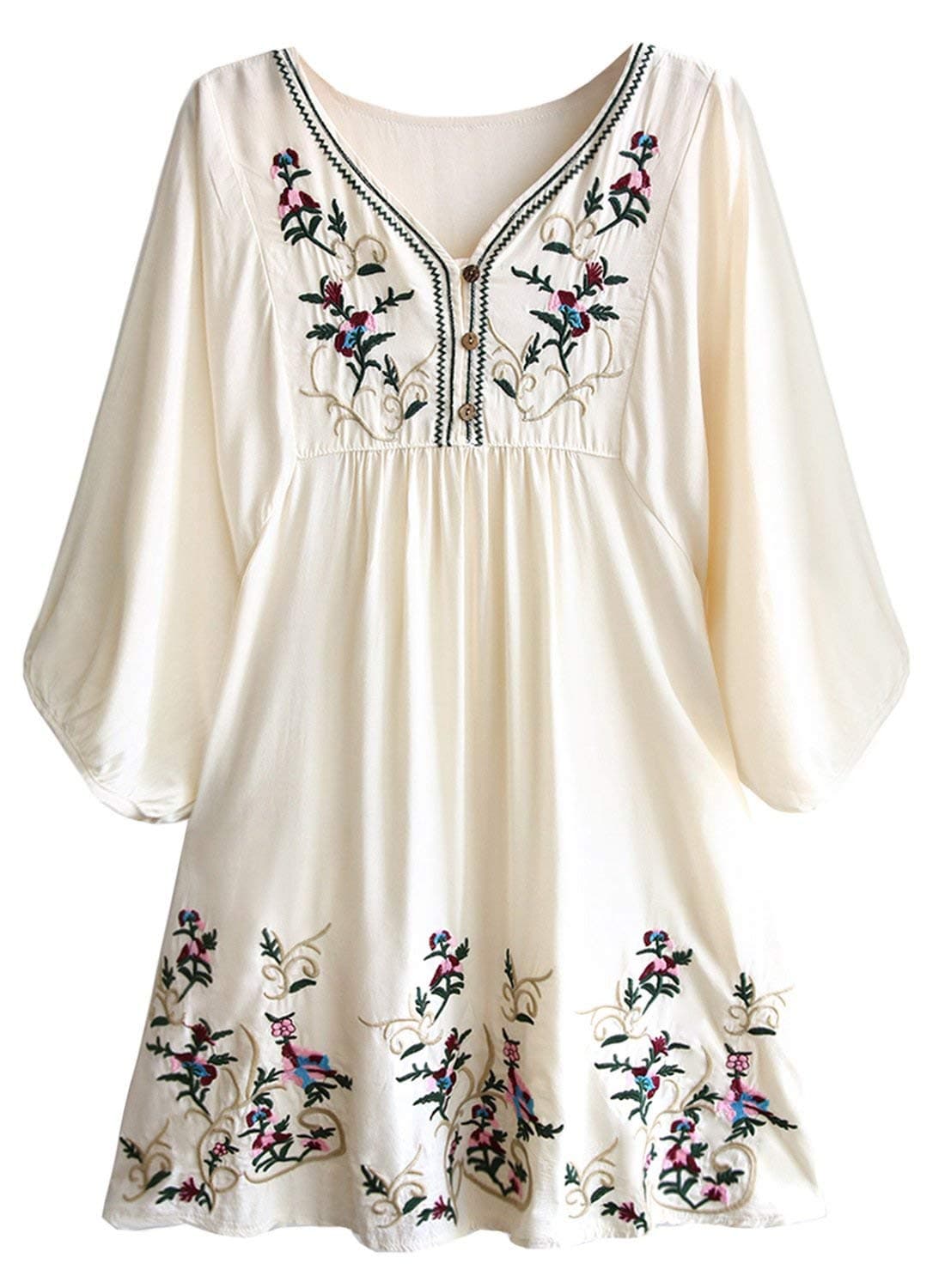 Doballa Women's Floral Embroidery Mexican Tunic Shift Bohemian Mini Blouse Dress