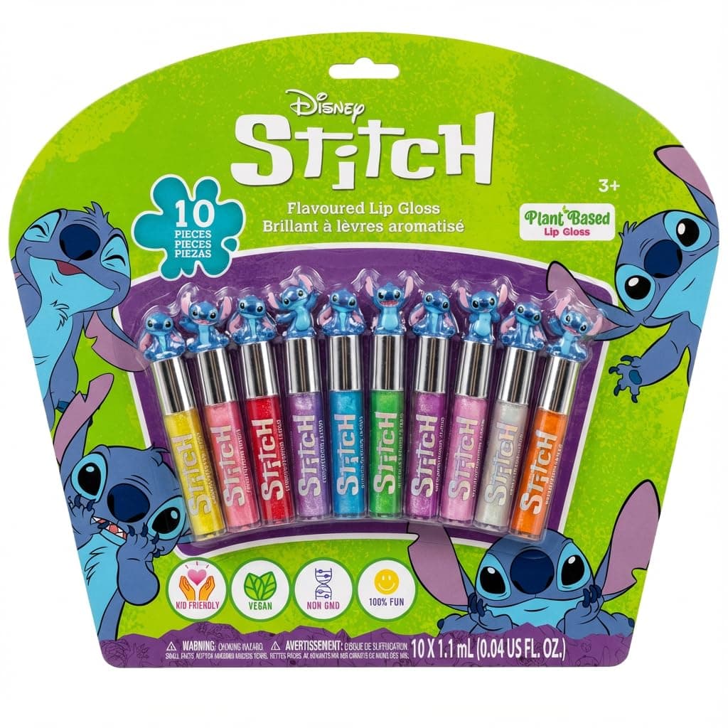 – Stitch 10 Piece Plant Based Lip Gloss, Girls Party Favours, First Makeup Set for Girl, Perfect for Parties, Sleepovers and Birthday Gifts, Ages 3+, by Townley Girl