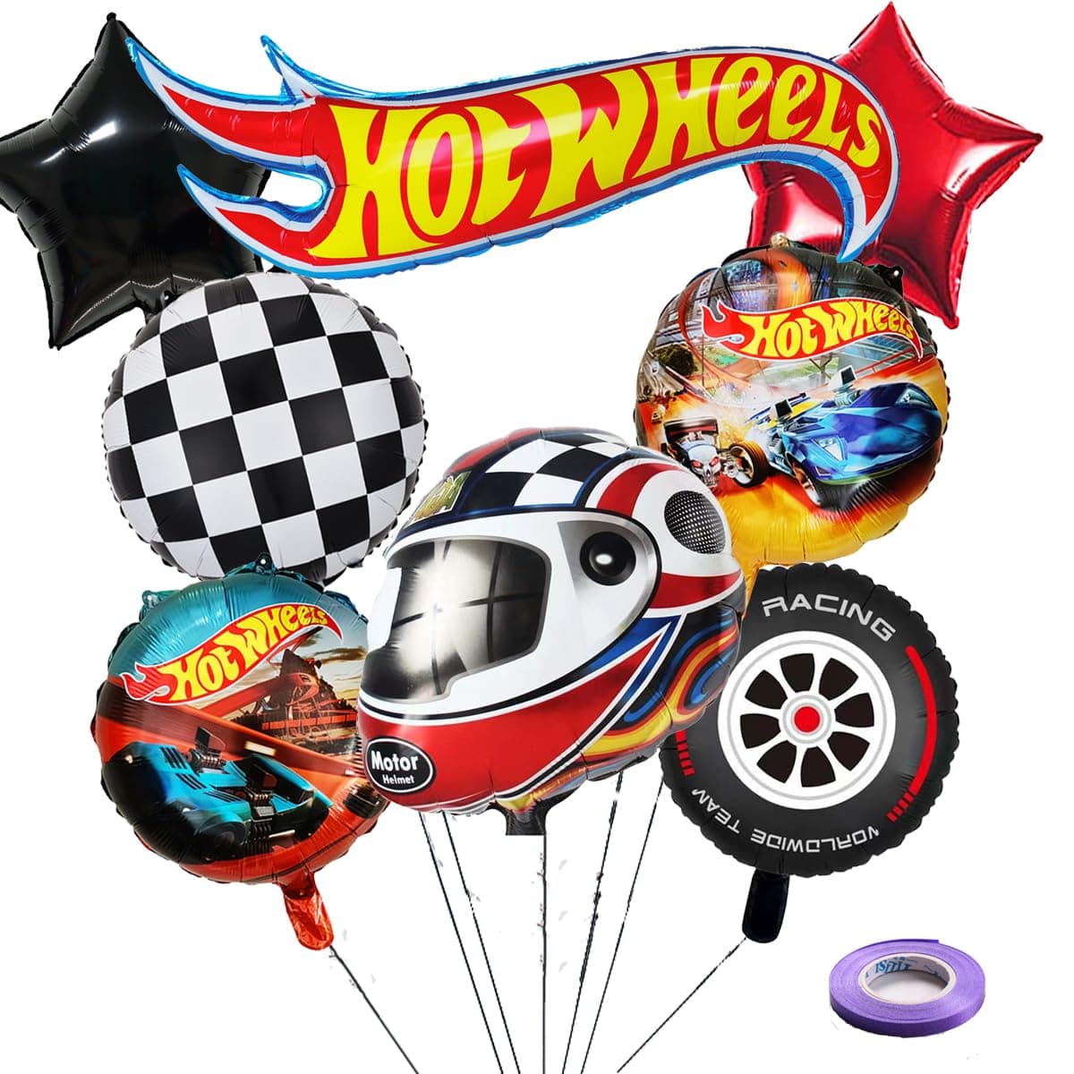 8 Pcs Hot Wheels Foil Balloons for Boys, Hot Car Birthday Party Decorations Supplies for Kids