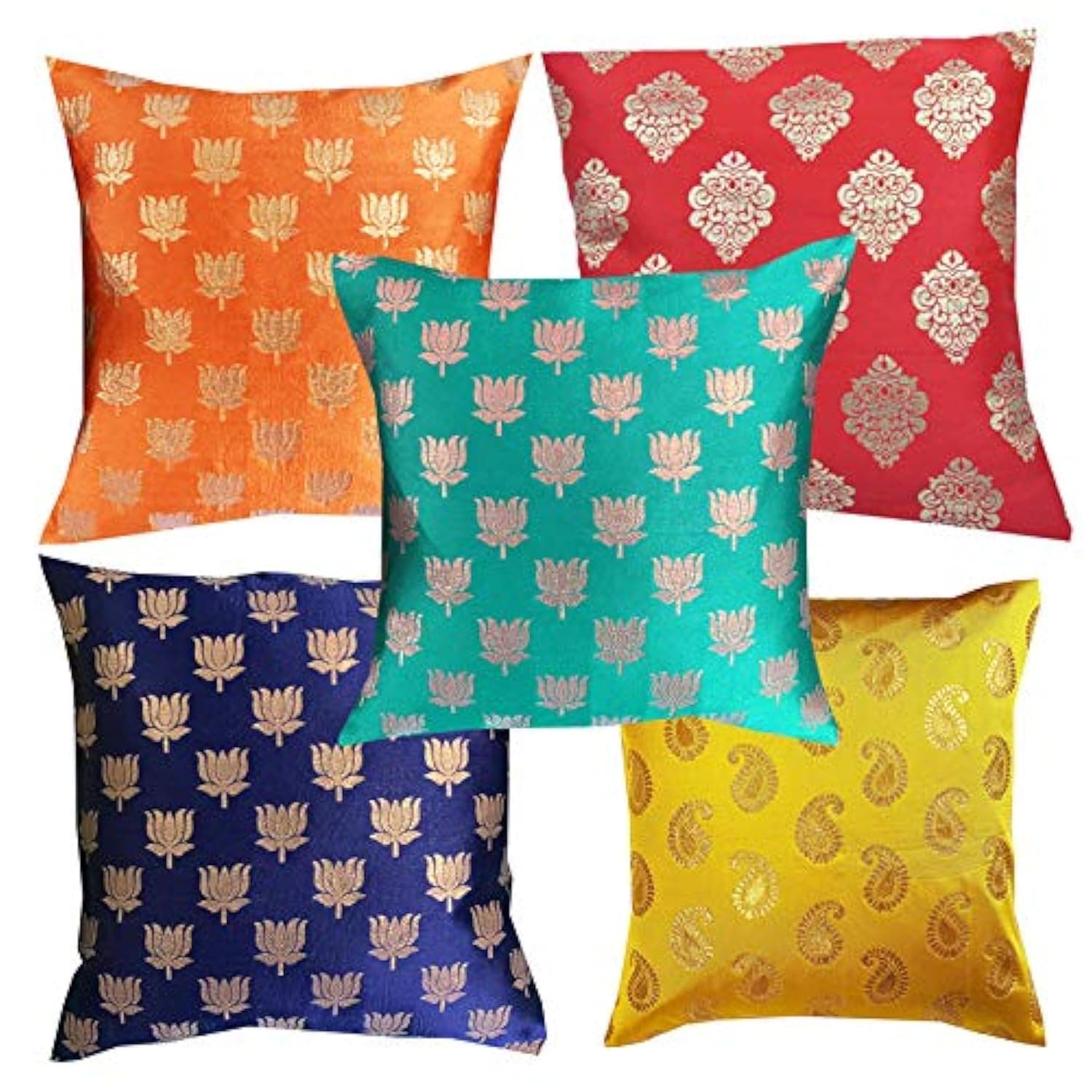 Pink Parrot- Art Silk Multi Colour Lotus Cushion Cover with Zipper 16x16 inch-Set of 5 pcs