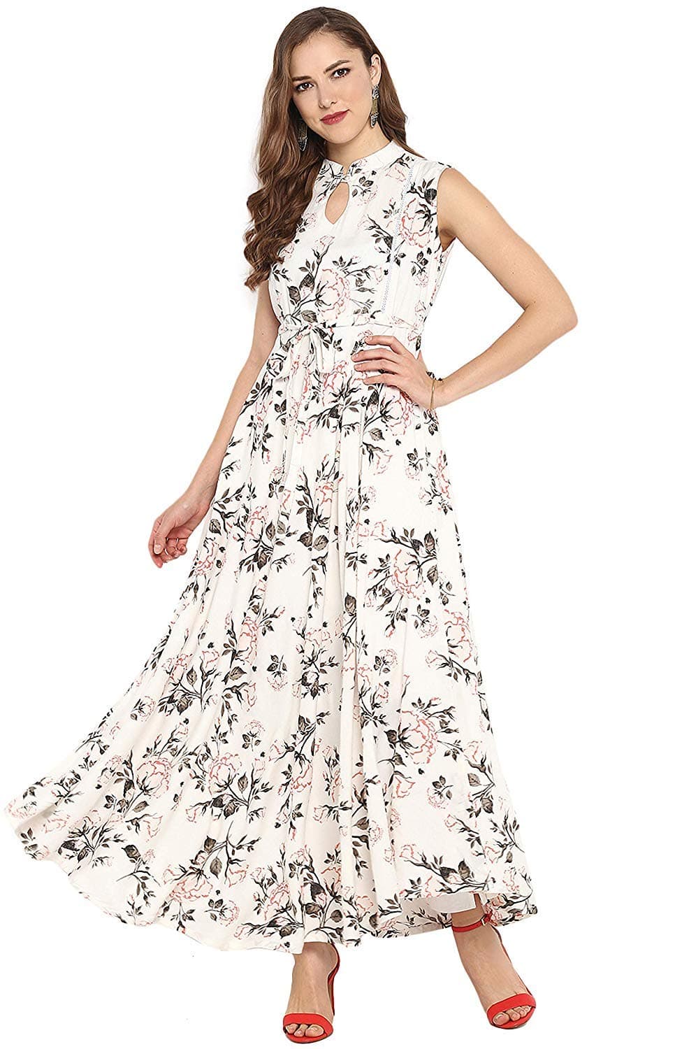 JanasyaWomen's Rayon Floral Print Flared Gown